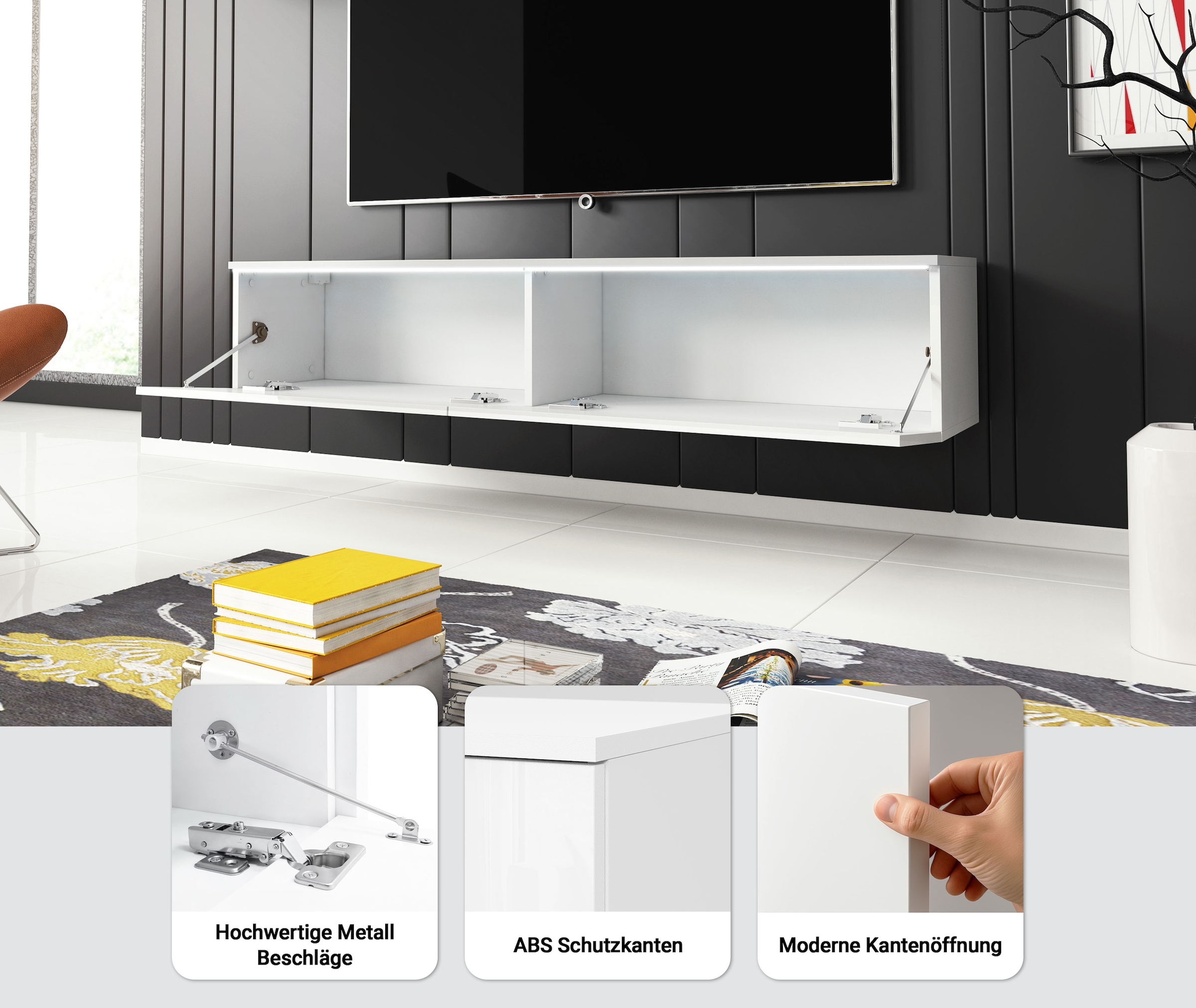 INOSIGN Lowboard »LOWBOARD D, wahlweise mit oder ohne Beleuchtung« modernes TV-Board ohne Griffe, mit viel Stauraum,stehend und hängend