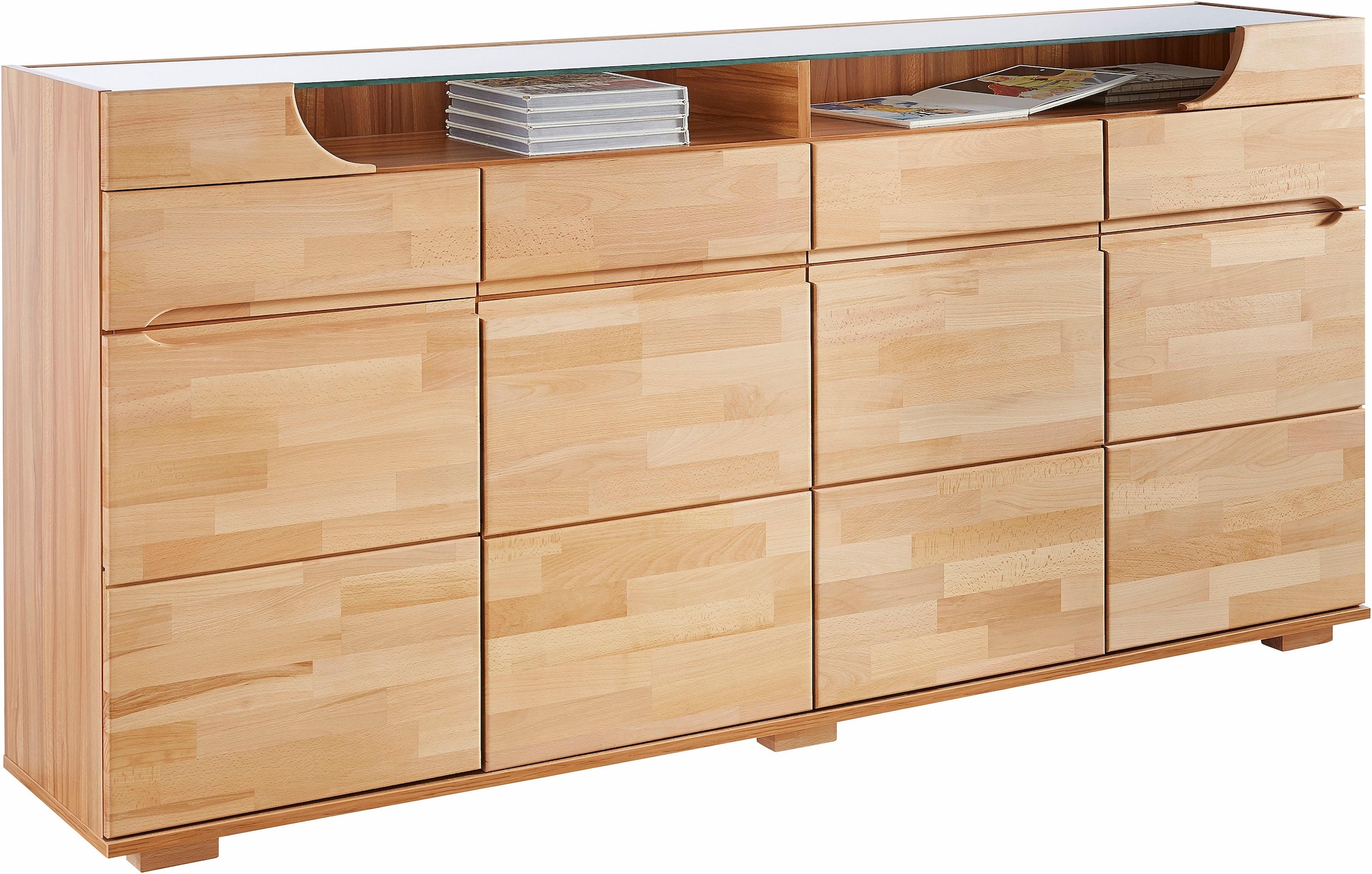 Home affaire Sideboard »Vetro,200cm breit,40 cm tief,4 Schubladen Oberplatte aus Glas«, Kernbuche massiv, Holzwerkstoff, 4Türen,4 Schubladen, Griffmulden
