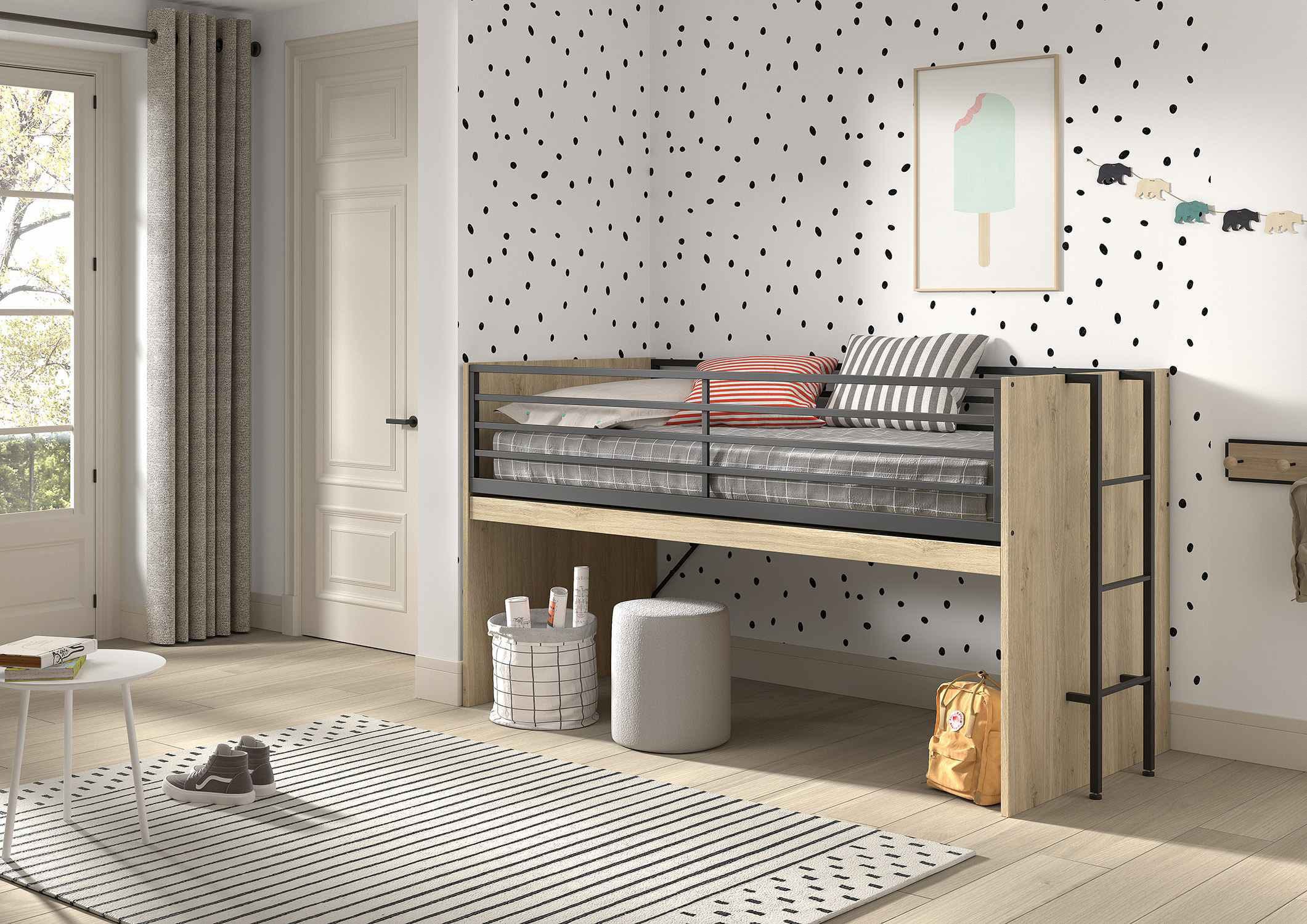 Vipack Stauraumbett »Sam, schlafen und arbeiten in einem, wahlweise Eiche- oder Weiß-Dekor« Liegefläche 90x200 cm, darunter eine große ausziehbare Schreibplatte,  mit Absturzschutz, Leiter u. Stauraum, pflegeleichte Dekor Oberfläche