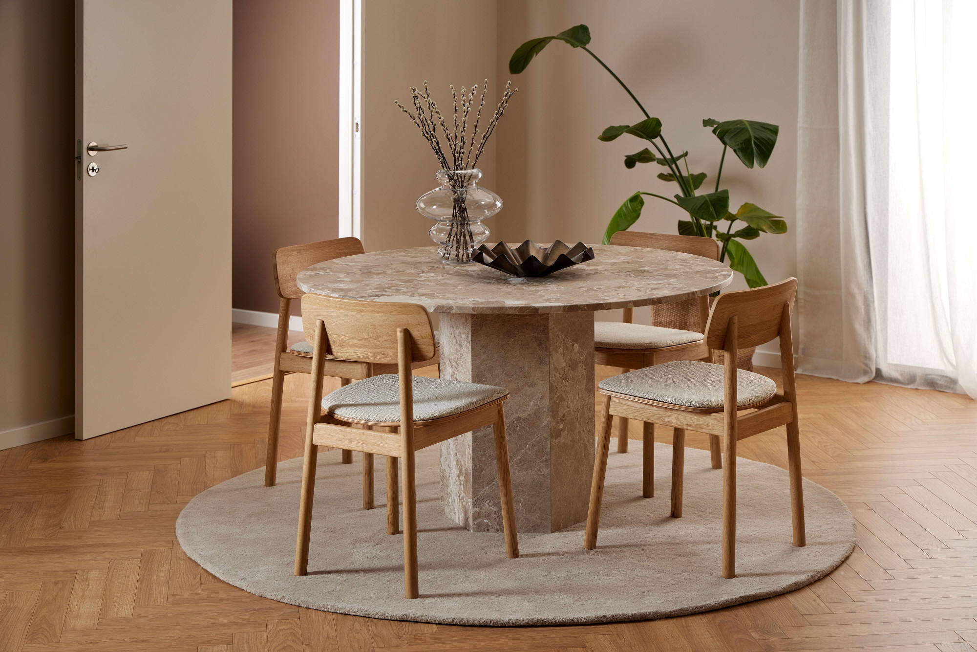 Naxos Geometric Round Marble Dining Table - Brown, Brown