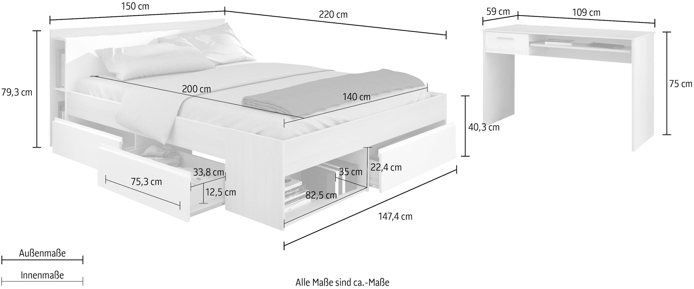 Parisot Jugendzimmer-Set »Most«, (Set, 2 St., Bett mit Schubkästen und Schreibtisch)