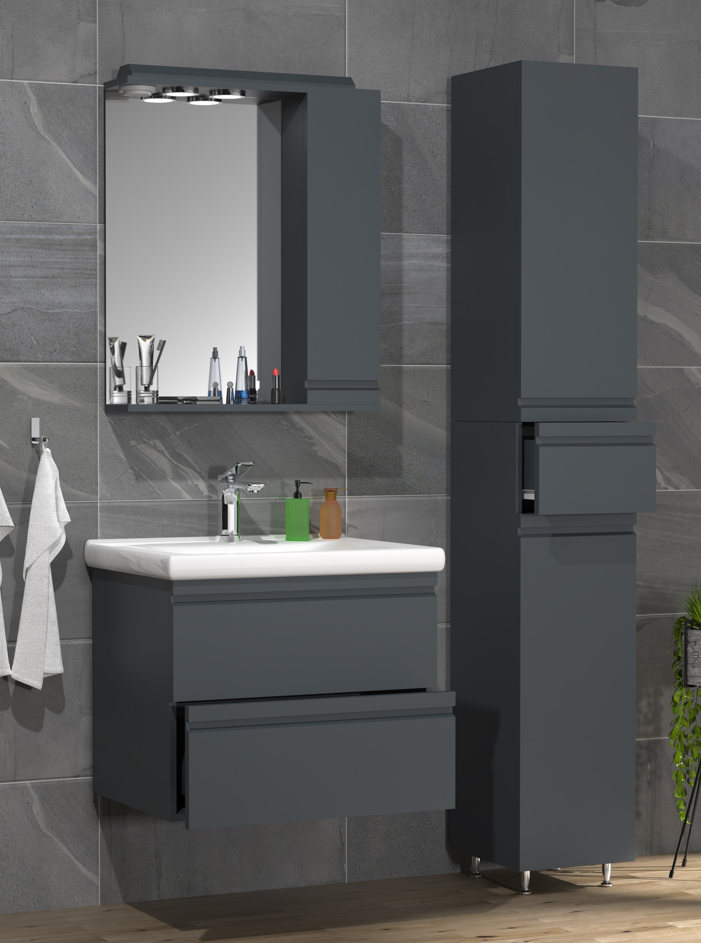 VCM Waschbeckenunterschrank »VCM 4-tlg. Waschplatz Waschtisch 60 cm Badmöbel Set Waschbecken grifflose Schublade Spiegelschrank Hochschrank Silora L«, (4 St.)