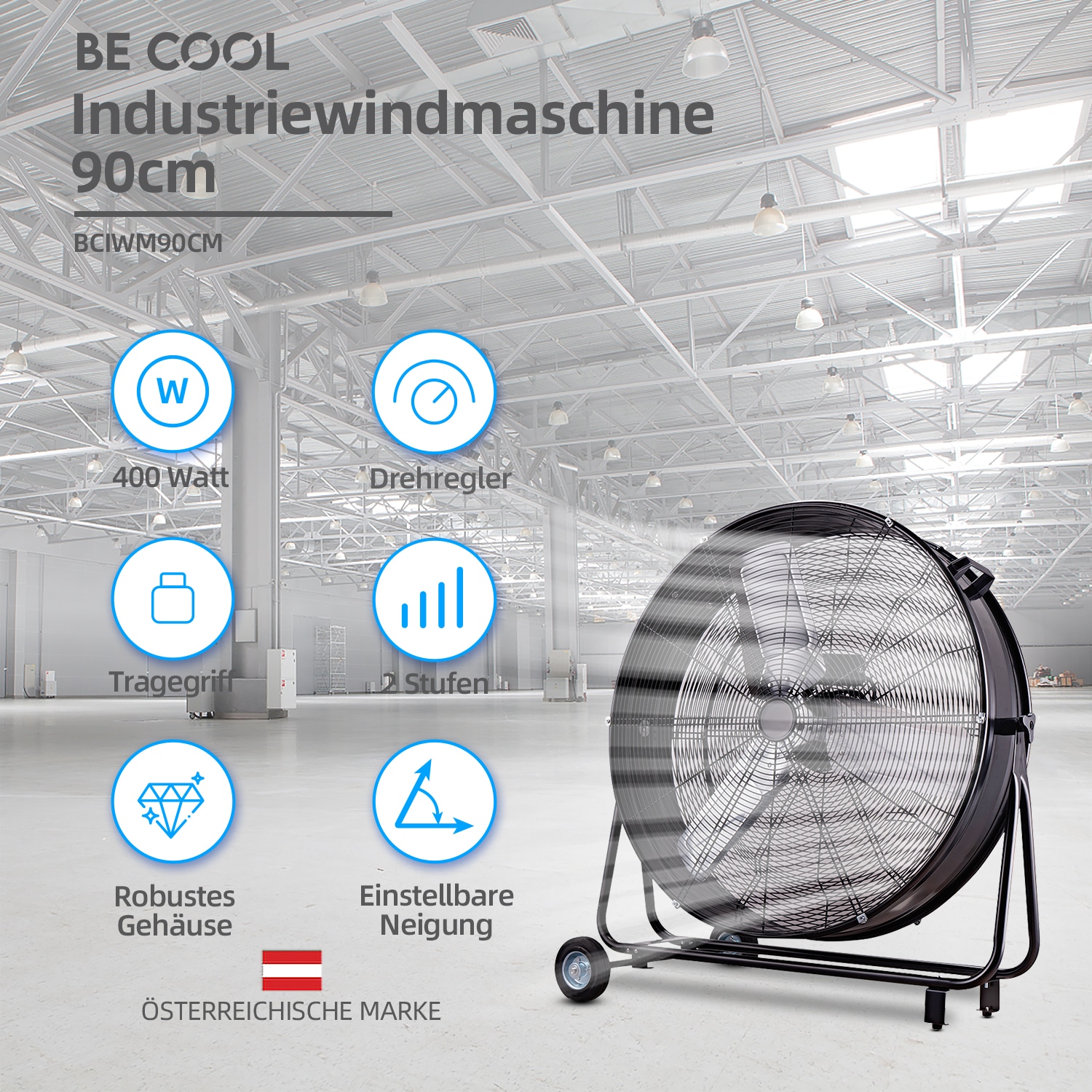 be cool Windmaschine »Industrie-Windmaschine 90cm BCIWM90CM schwarz«, fahrbarer, Vollkupfermotor, Aluminium-Rotor, Spinnennetz-Schutzgitter