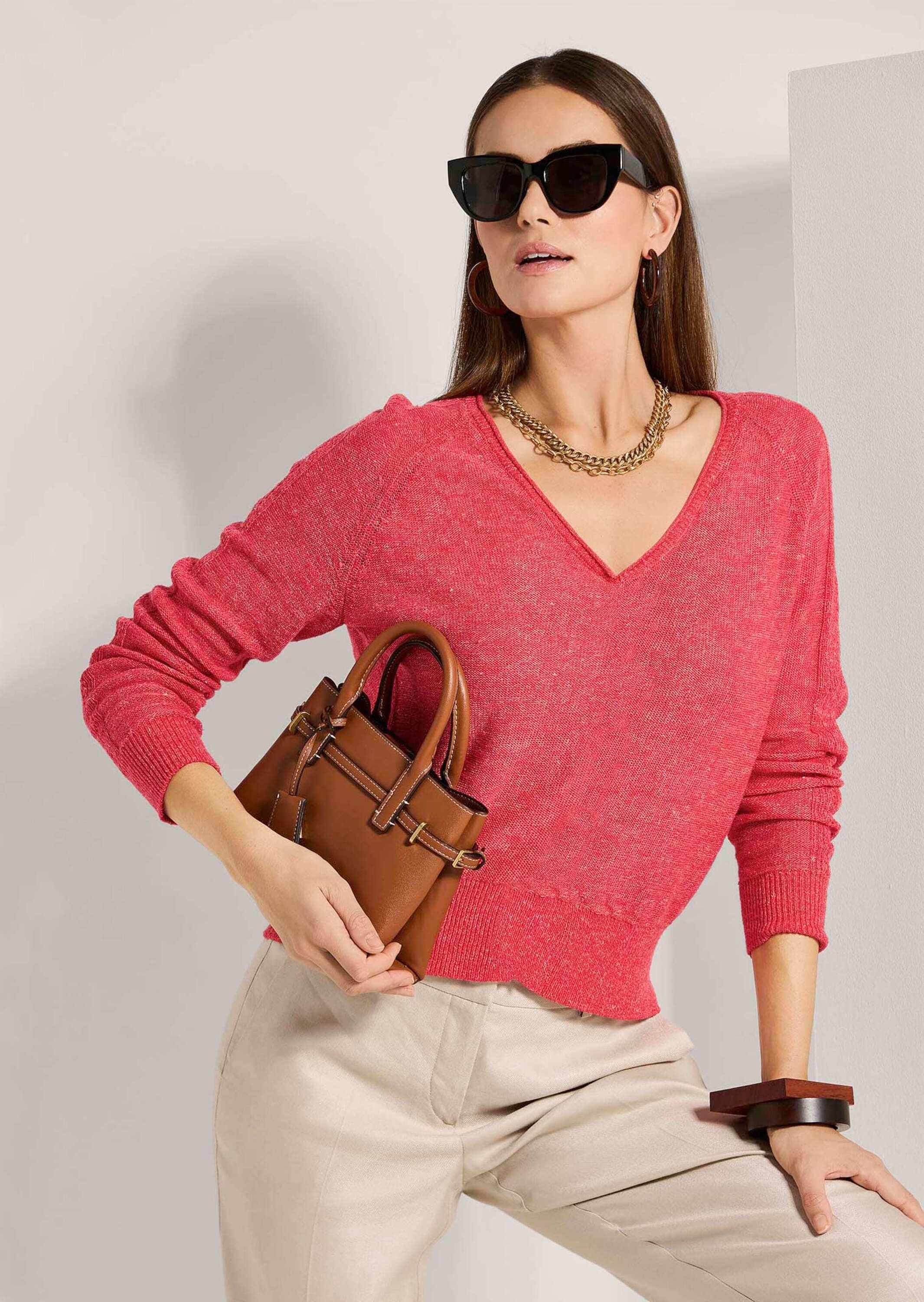 MADELEINE Longpullover »Pullover V-Pullover mit Pointelle-Muster«