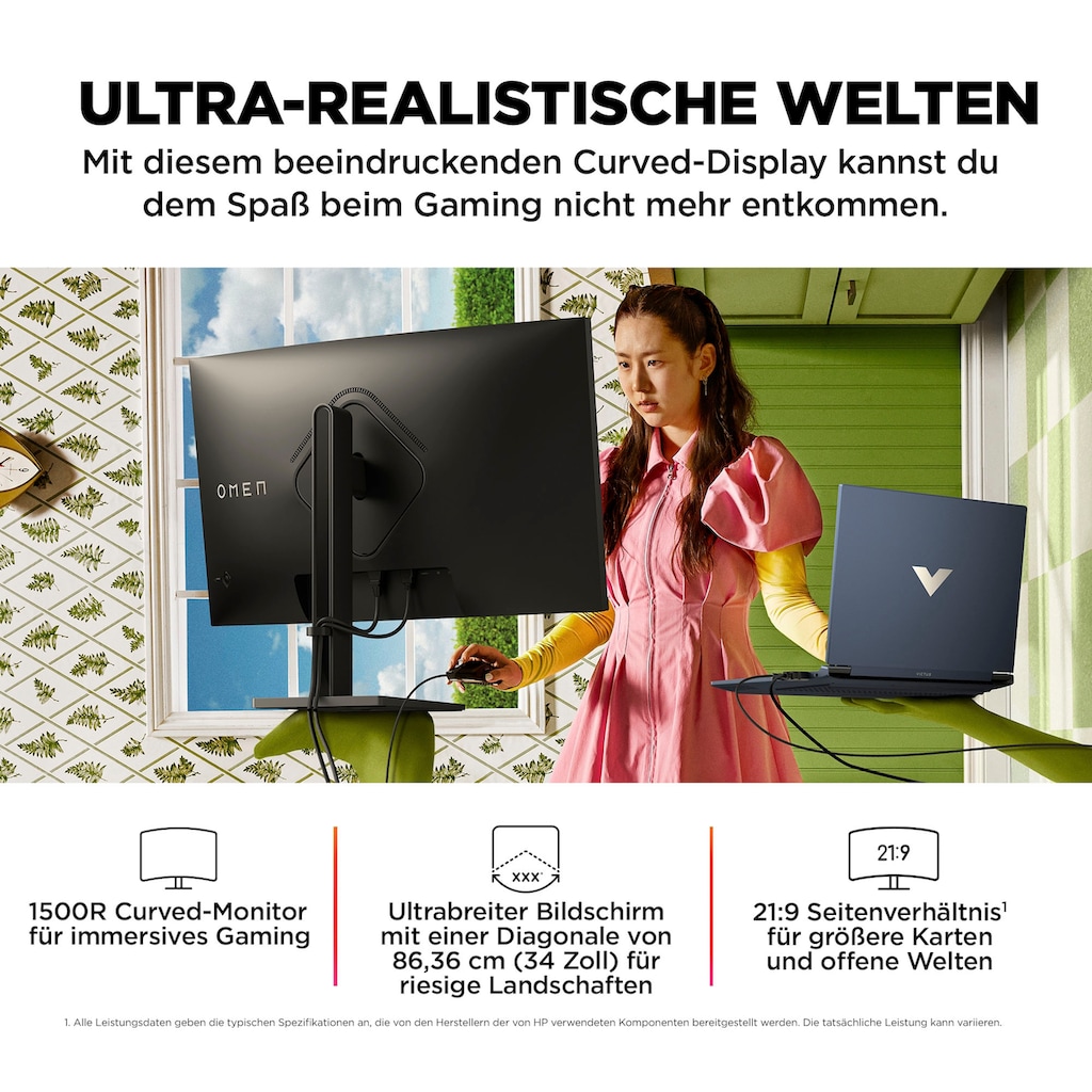 HP Curved-Gaming-Monitor »OMEN 34c (HSD-0159-A)«, 86,4 cm/34 Zoll, 3440 x 1440 px, WQHD, 1 ms Reaktionszeit, 165 Hz