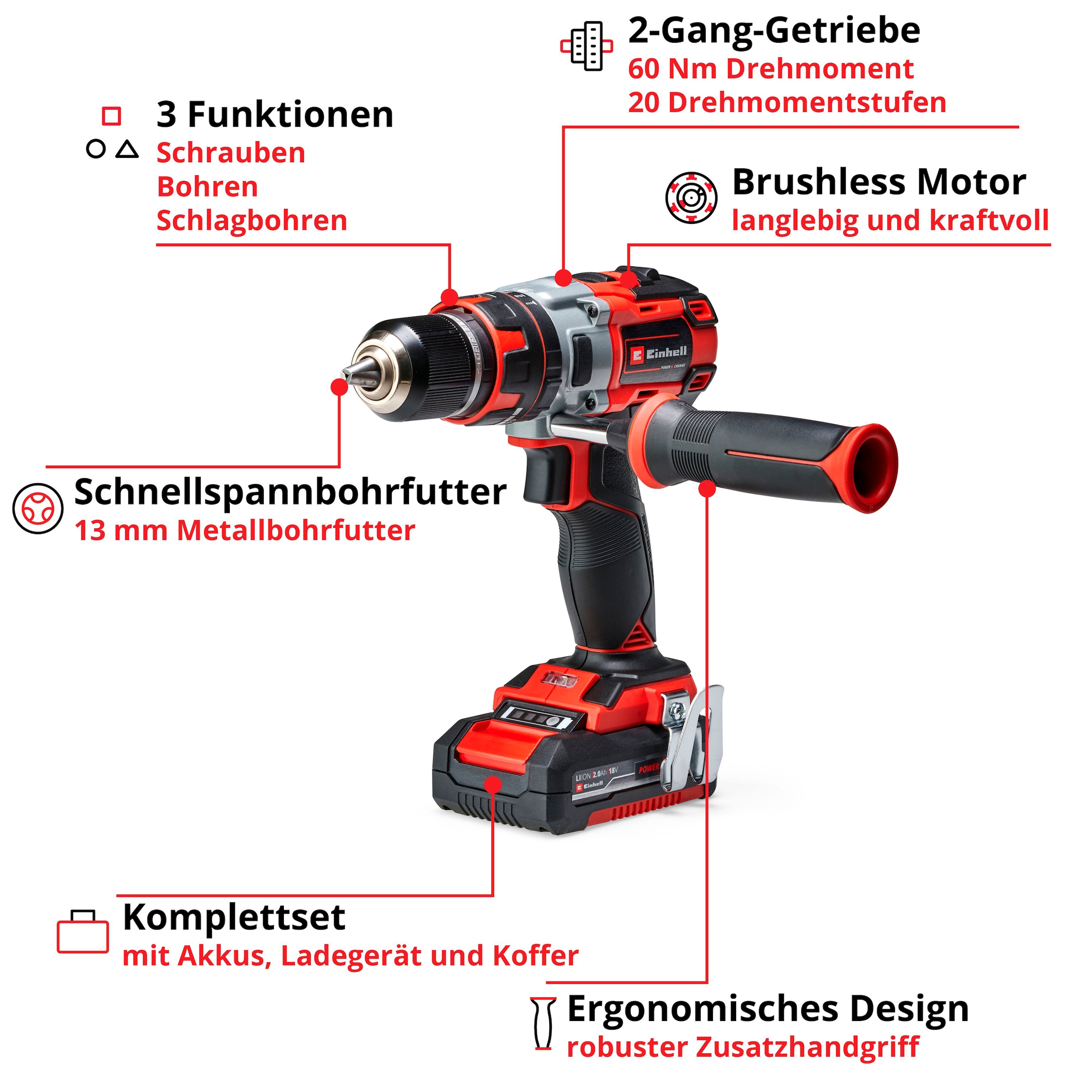 Einhell Akku-Schlagbohrschrauber »TE-CD 18 Li-i BL«, Power X-Change, Inkl. 2x 2,0 Ah, Ladegerät und Transportkoffer