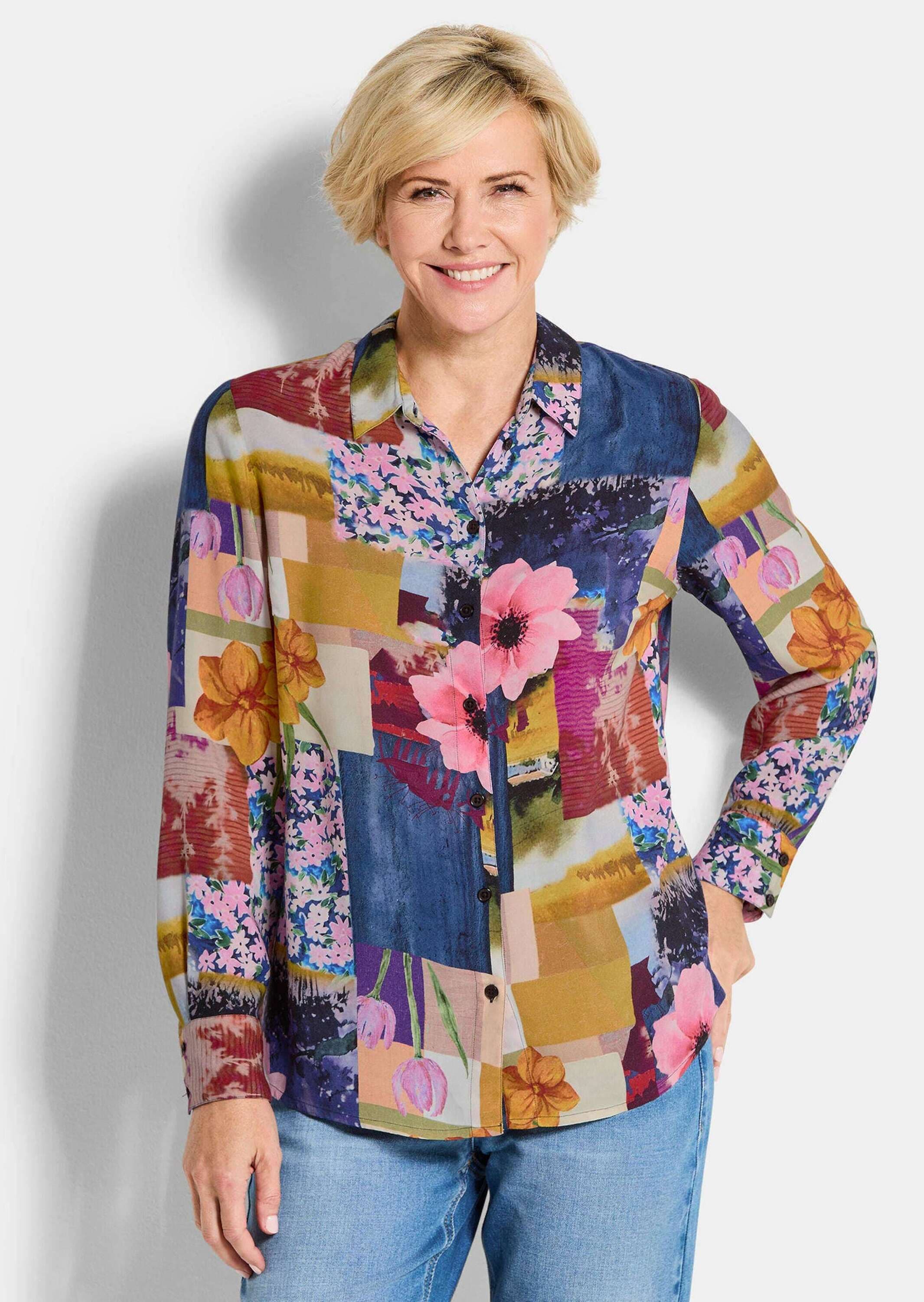 GOLDNER Hemdbluse »Kurzgröße Viskosebluse mit Patchwork-Print« figurschmeichelder Schnitt