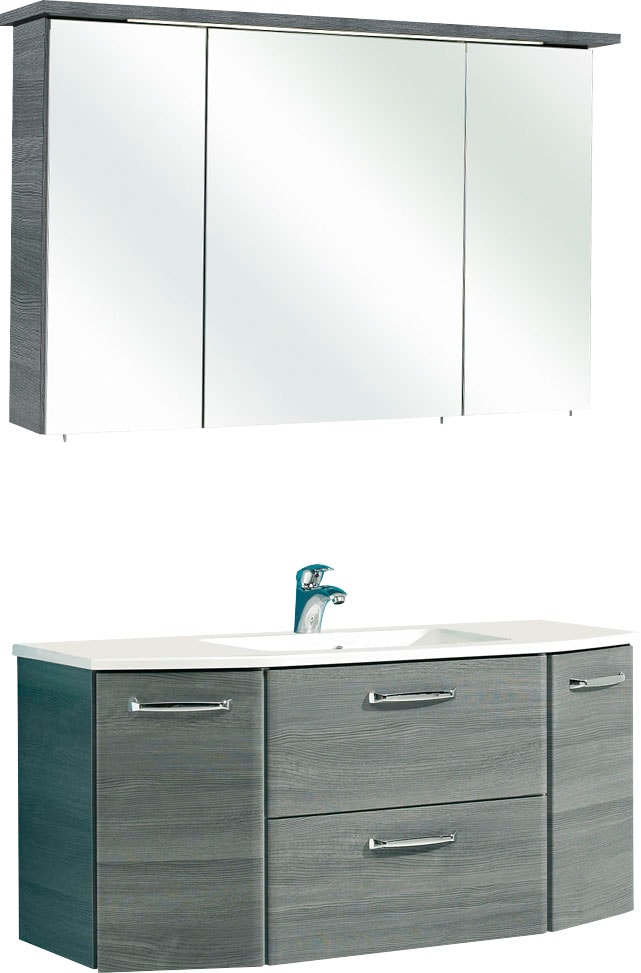 Saphir Badmöbel-Set »Quickset 2-teilig, Mineralmarmor-Waschtisch mit LED-Spiegelschrank«, (2 St.), Badezimmer Set inkl. Türdämpfer, 5 Türen, 1 Klappe, 1 Schublade