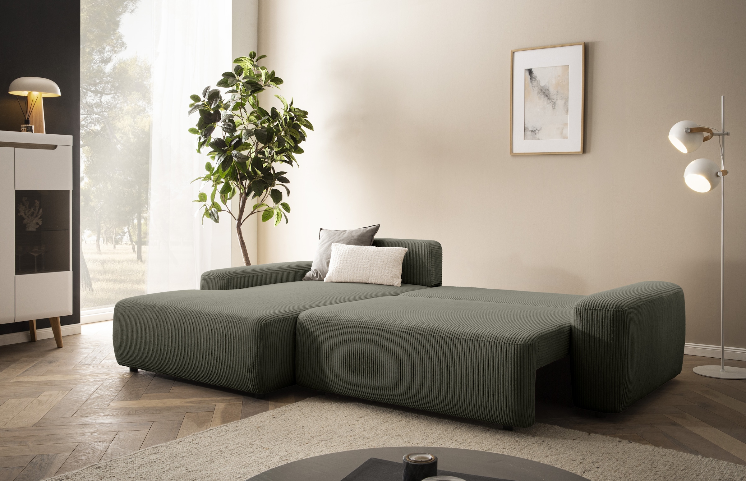 Home affaire Ecksofa »TORGE (264cm), Schlafsofa in Cord, Samtvelours o Struktur fein, L-Form« Schlaffunktion, Bettkasten, Liegefläche: 125/210 cm