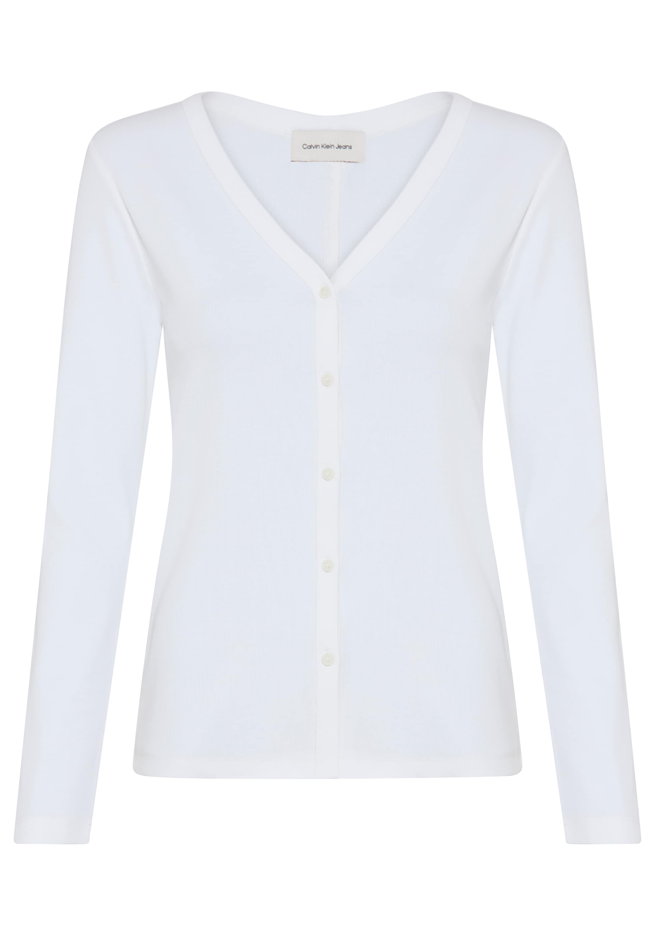 Calvin Klein Jeans Langarmshirt »WOVEN LABEL BABY RIB BUTTON« Figurbetonte Passform mit V-Ausschnitt