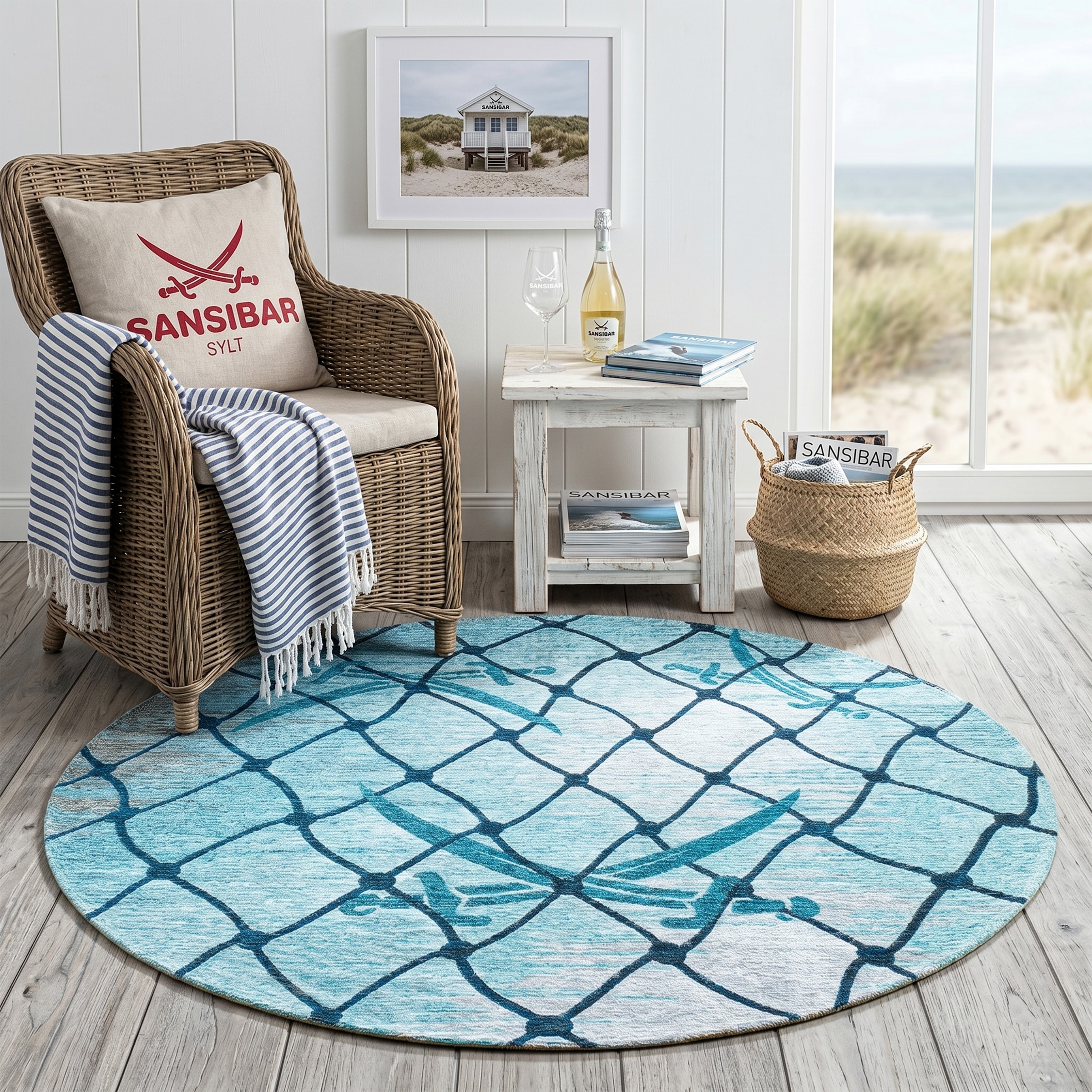 Sansibar Teppich »Keitum 005« rund 3 mm Höhe Flachgewebe, modernes Design, Motiv Fischernetz & gekreuzte Säbel