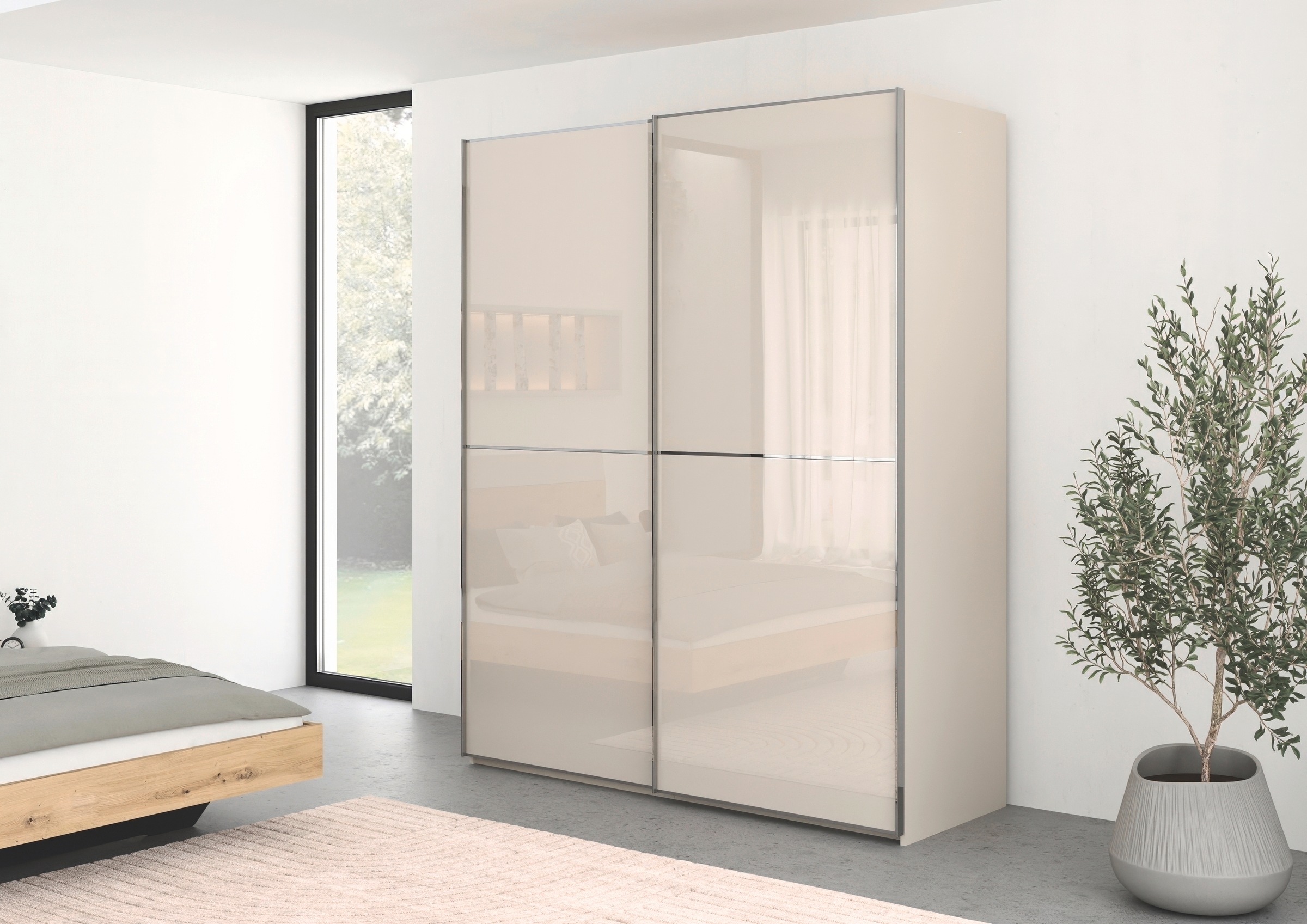 rauch Schwebetürenschrank »Kleiderschrank Schrank Garderobe Schlafzimmerschrank SCALE-DUO« edle zweigeteilte Türen Glas-Front mit 3 Zierleisten MADE IN GERMANY