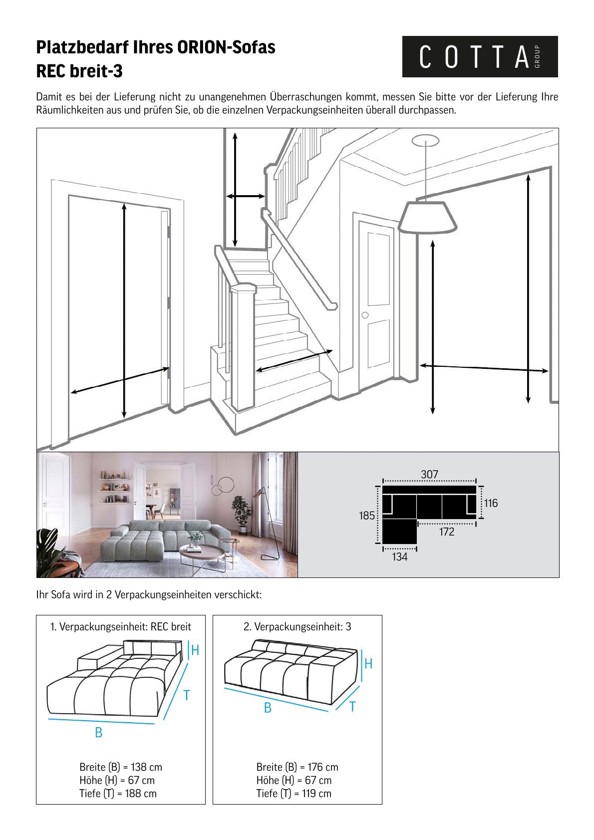 COTTA Ecksofa »Orion L-Form«, mit Recamiere, inkl. verstellbaren Kopfstützen und 3 Kissen