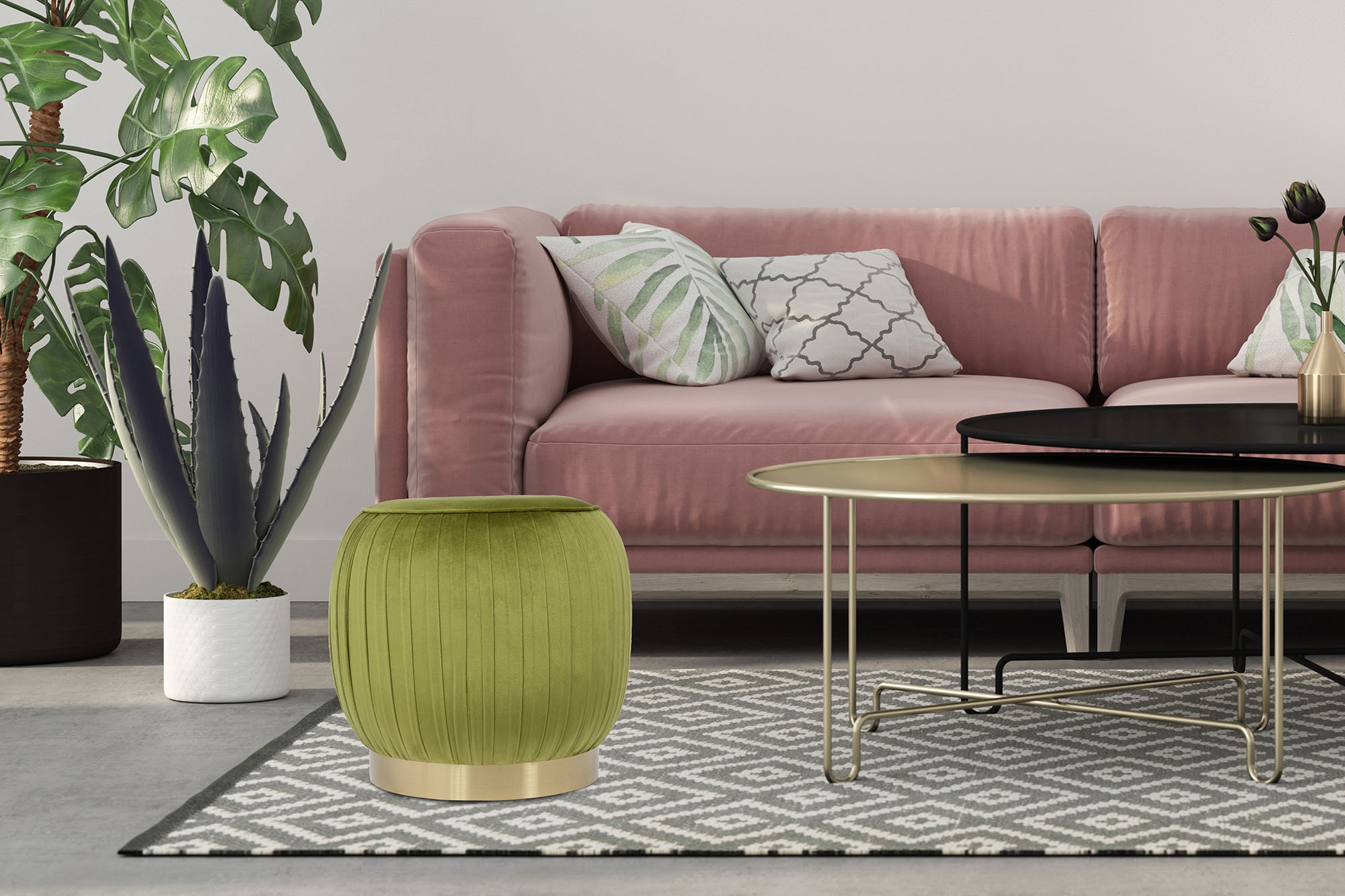Kayoom Polsterhocker »Hocker Lyla 125, Edler Touch durch goldenen Sockel, Samtbezug«, (1 St.), samtweich, gesteppte Ziernaht, Edelstahlsockel, Hochwertiger Samtbezug
