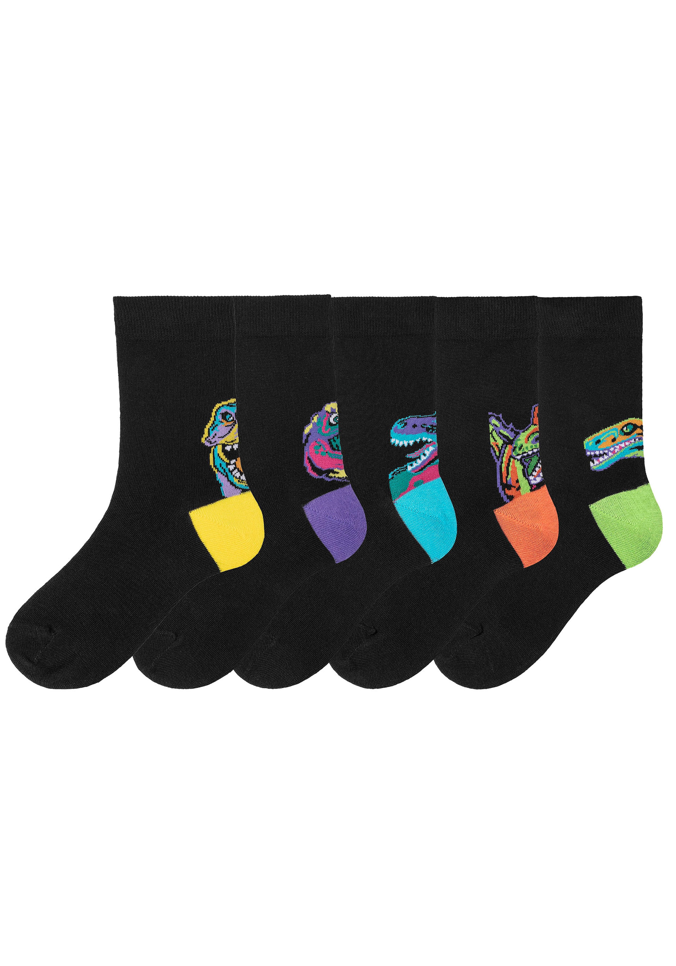 H.I.S Freizeitsocken, (Packung, 5 Paar), mit farbenfrohen Dino Motive über der Ferse