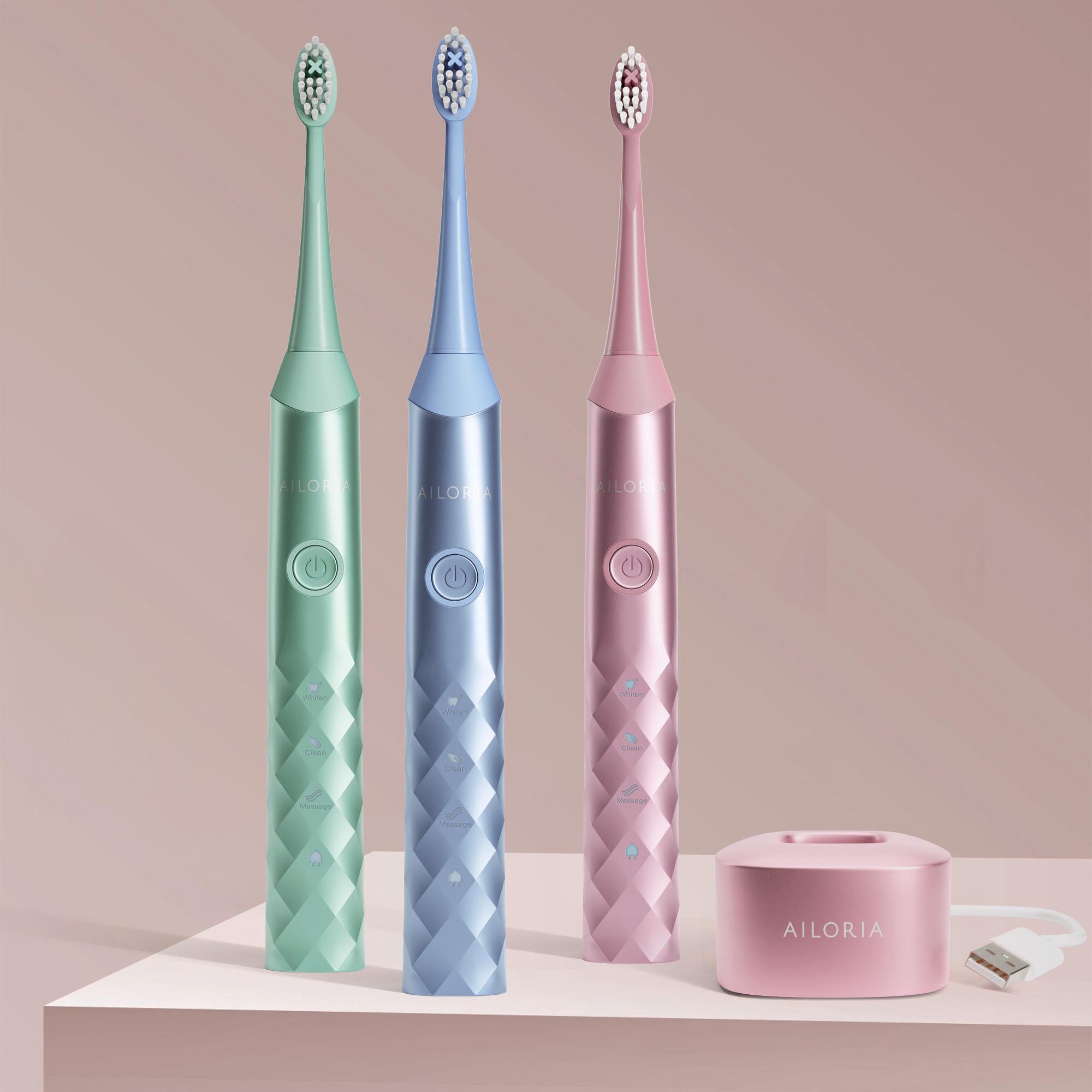 AILORIA Schallzahnbürste »Sommer-Edition SHINE BRIGHT USB-Sonic Toothbrush« 2 Stk. Aufsteckbürsten