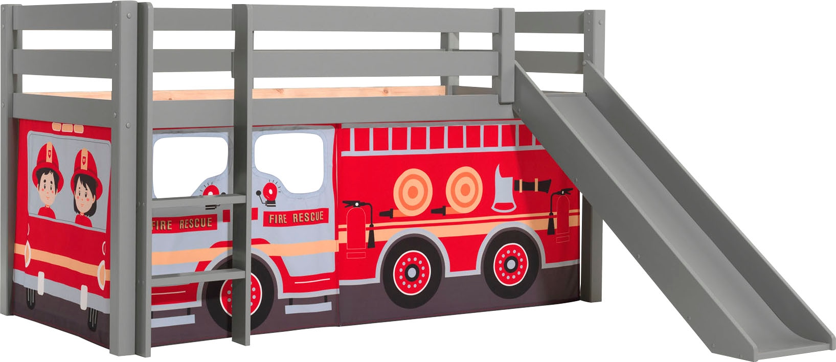 Vipack pino lit mezzanine avec toboggan pin massif + rideau de lit firemen