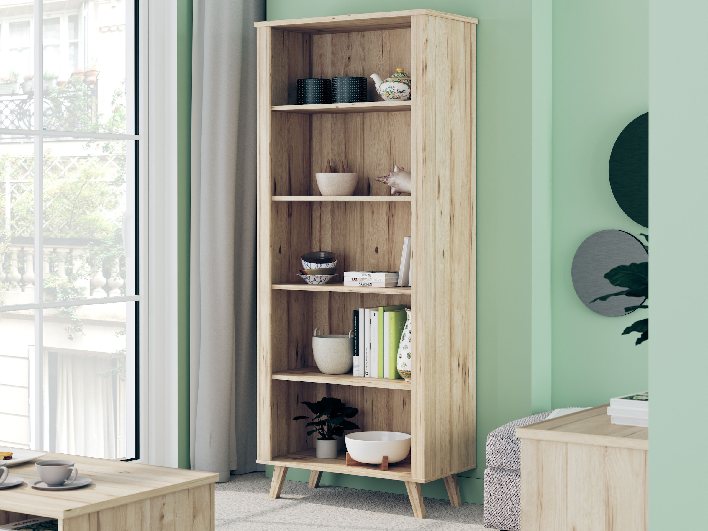 FORTE Wandregal »Vankka Regal breit«, (B/H/T 84,7/201,5/41,7 cm), breites Regal, Holzfüße, 5 offene Fächer, Einlegeböden variabel