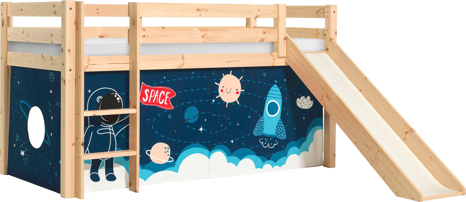 Vipack Spielbett »Pino, Kiefer massiv, mit Rolllattenrost u. Textil-Set, Made in Europe« B/H/T ca. 210x114x218cm, mit Absturzschutz, Leiter und Rutsche,  verschiedene Textil-Designs und Holzfarben zur Wahl