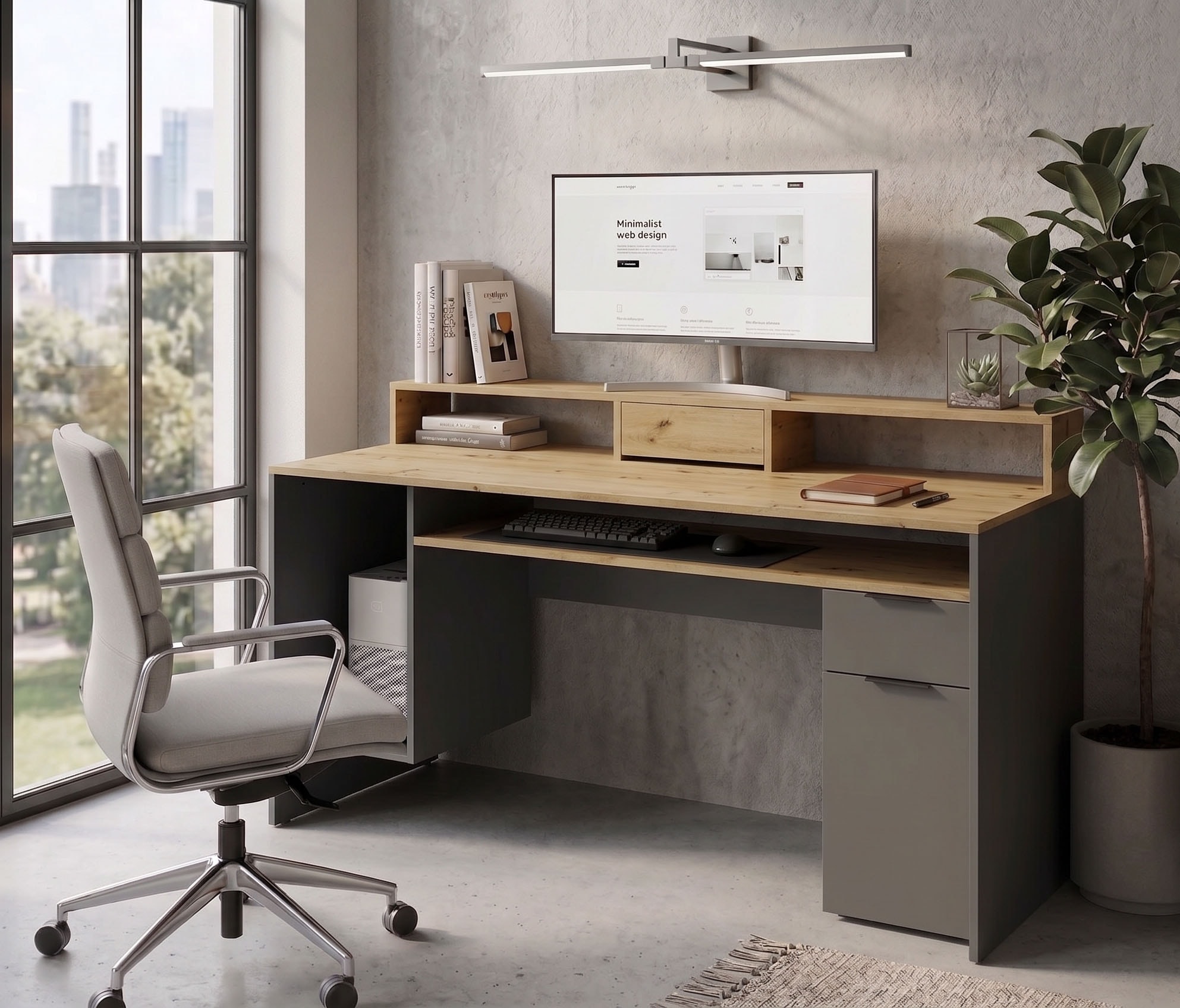 OTTO home Schreibtisch "Peooria Computertisch mit Monitoraufsatz & Towerfach, viel Stauraum" Büroschreibtisch, Gamingtisch mit Schublade, modern, Breite 160 cm