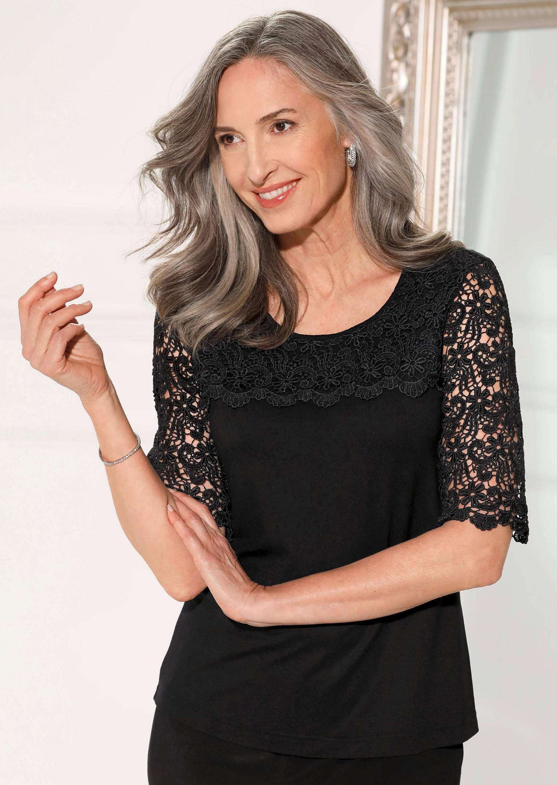 GOLDNER Langarm-Poloshirt »Viskose-Blusenshirt mit Spitze« Ohne