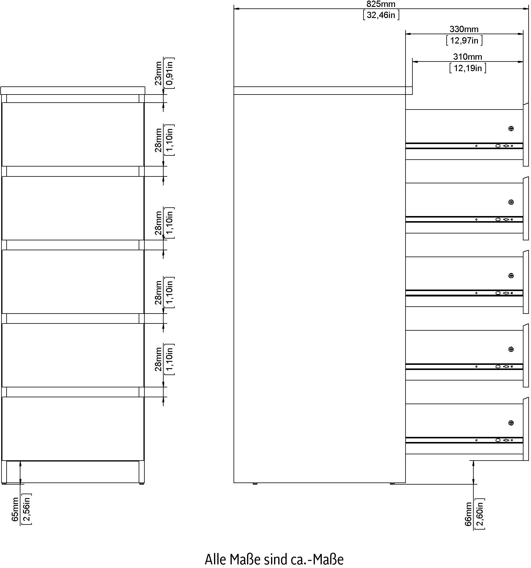 INOSIGN Highboard »Naia, Hockkommode mit 5 Schubkästen«, abgerundete Schubladenkanten auf Metallgleiter, Breite 40,4 cm