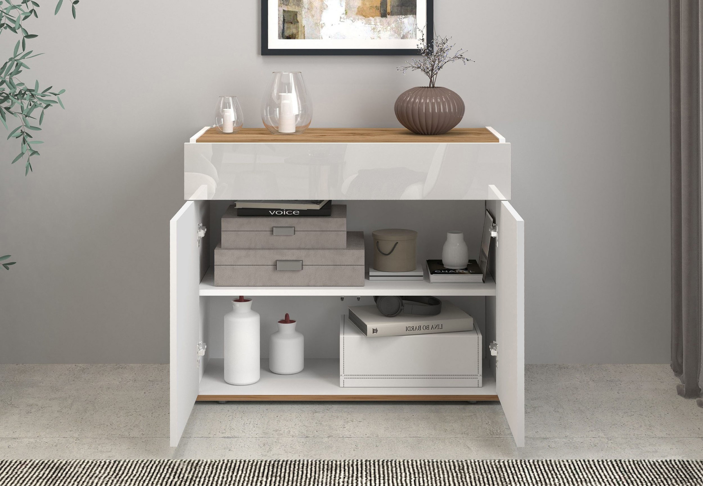 OTTO home Sideboard »Garda, Kommode, Schrank, 2 Türen, 1 Schublade, Made in Italy« Hochglanzlackierte Fronten, Korpus matt, grifflos, Breite 80,9 cm