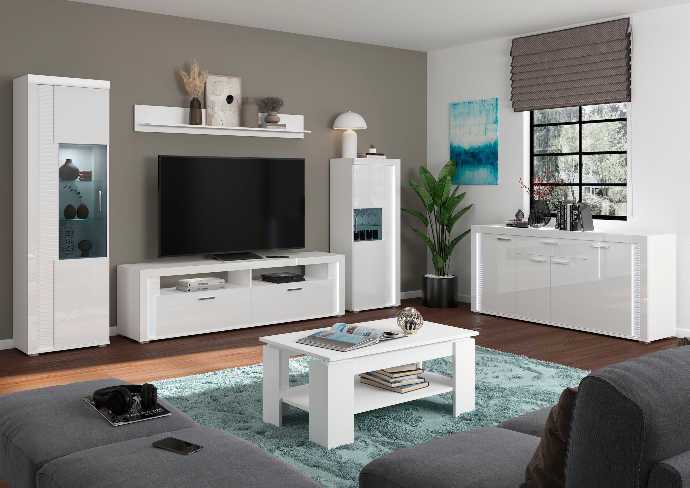 INOSIGN Lowboard »Viborg, Breite 201 cm, inkl. vertikaler Frontbeleuchtung, 2 Klappen«, je 2 offene & geschlossene Fächer, TV-Möbel, TV-Schrank, TV-Lowboard