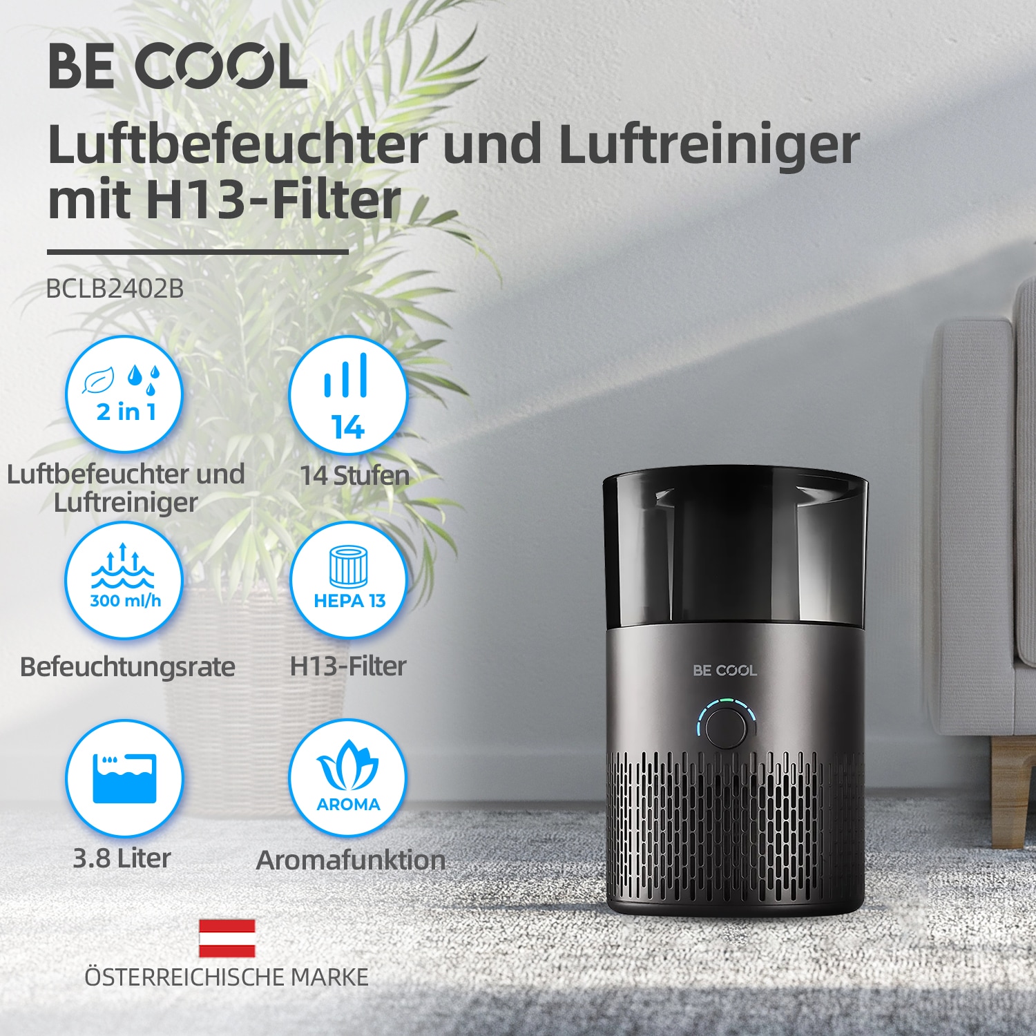 be cool Luftbefeuchter »Luftbefeuchter-/reiniger BCLB2402B«, 3,8 l Wassertank, Luftreinigungsfunktion mit HEPA-Filter, Aromafunktion