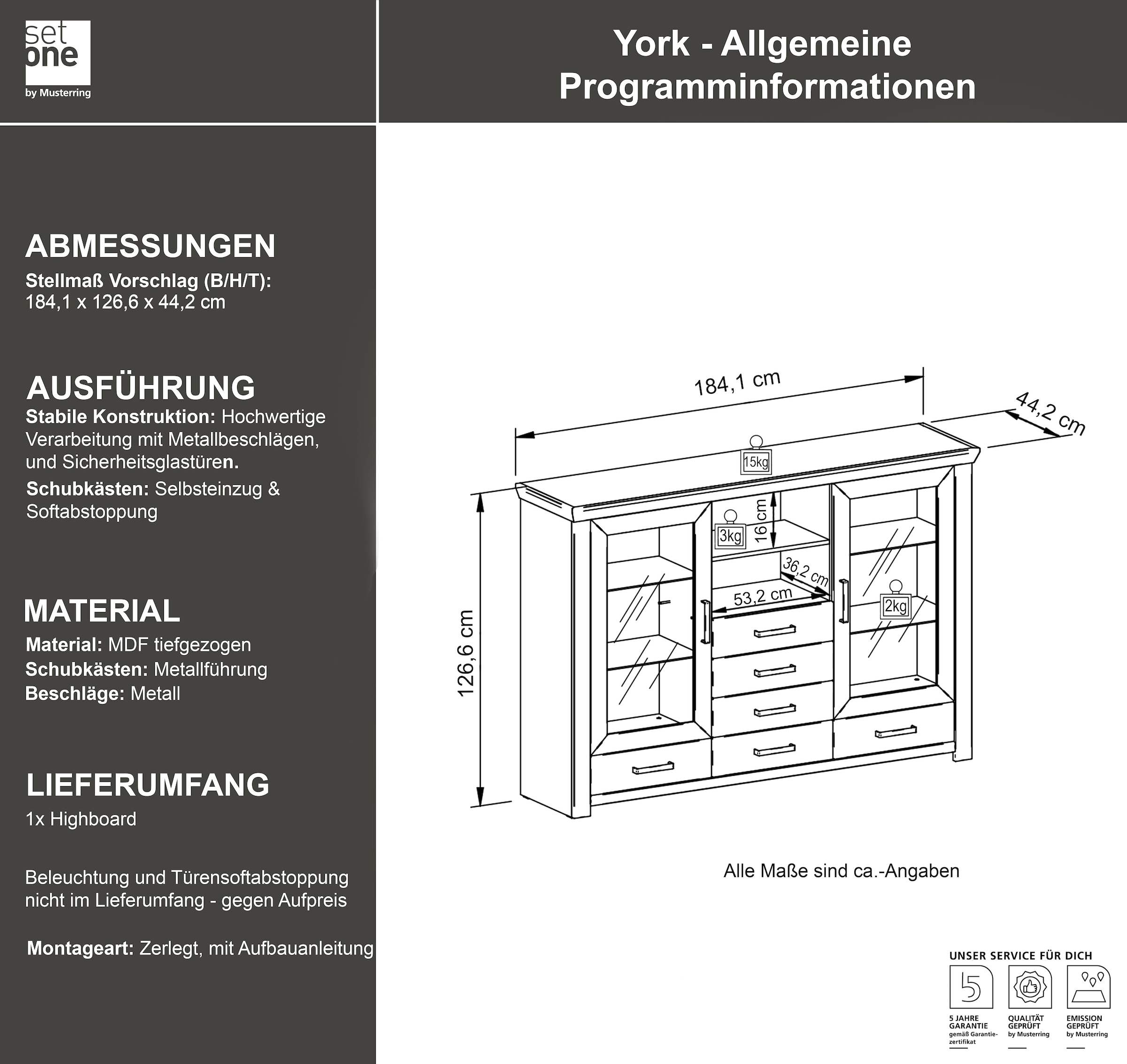 set one by Musterring Highboard »York« Typ 56, mit Glastüren, Beleuchtung optional, B 184 cm