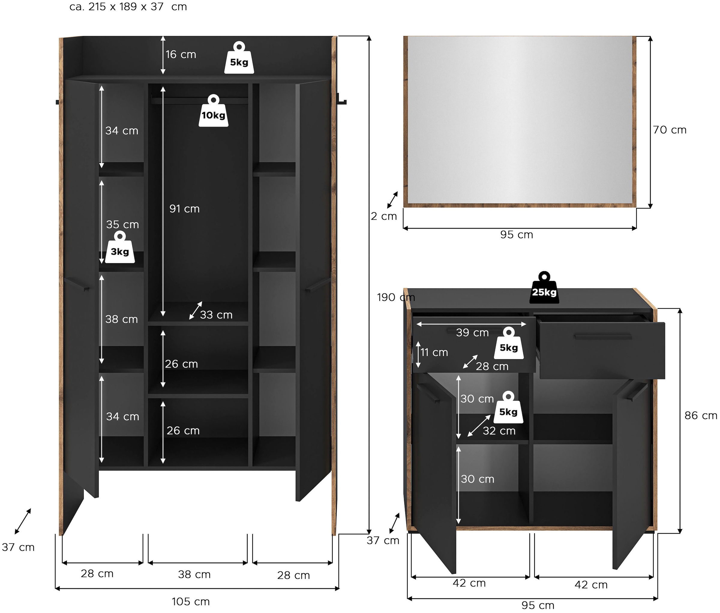 INOSIGN Garderoben-Set »MUSTA, 3-teilig: Garderobenschrank, Kommode & Garderobenspiegel«