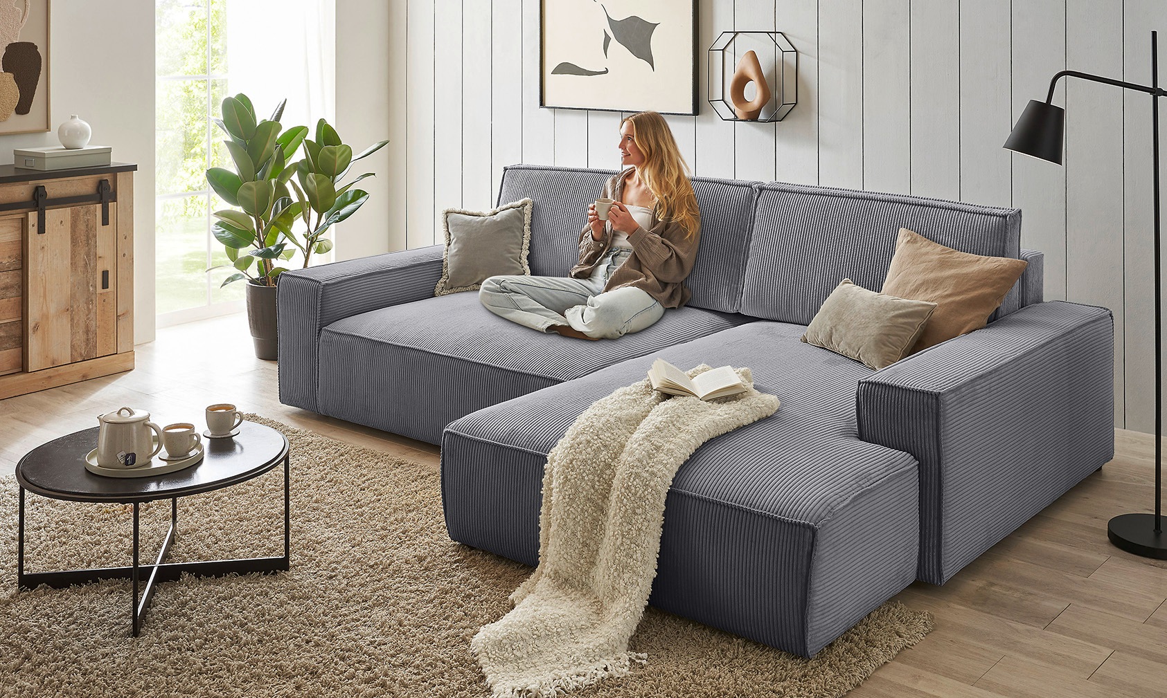 Home affaire Ecksofa »NEU: SHERWOOD XXL 284, Big-Sofa L-Form, tiefe Sitzfläche 95 cm, Cord«, Recamiere rechts/links, als Schlafsofa stellbar, Cord u. Leinenoptik