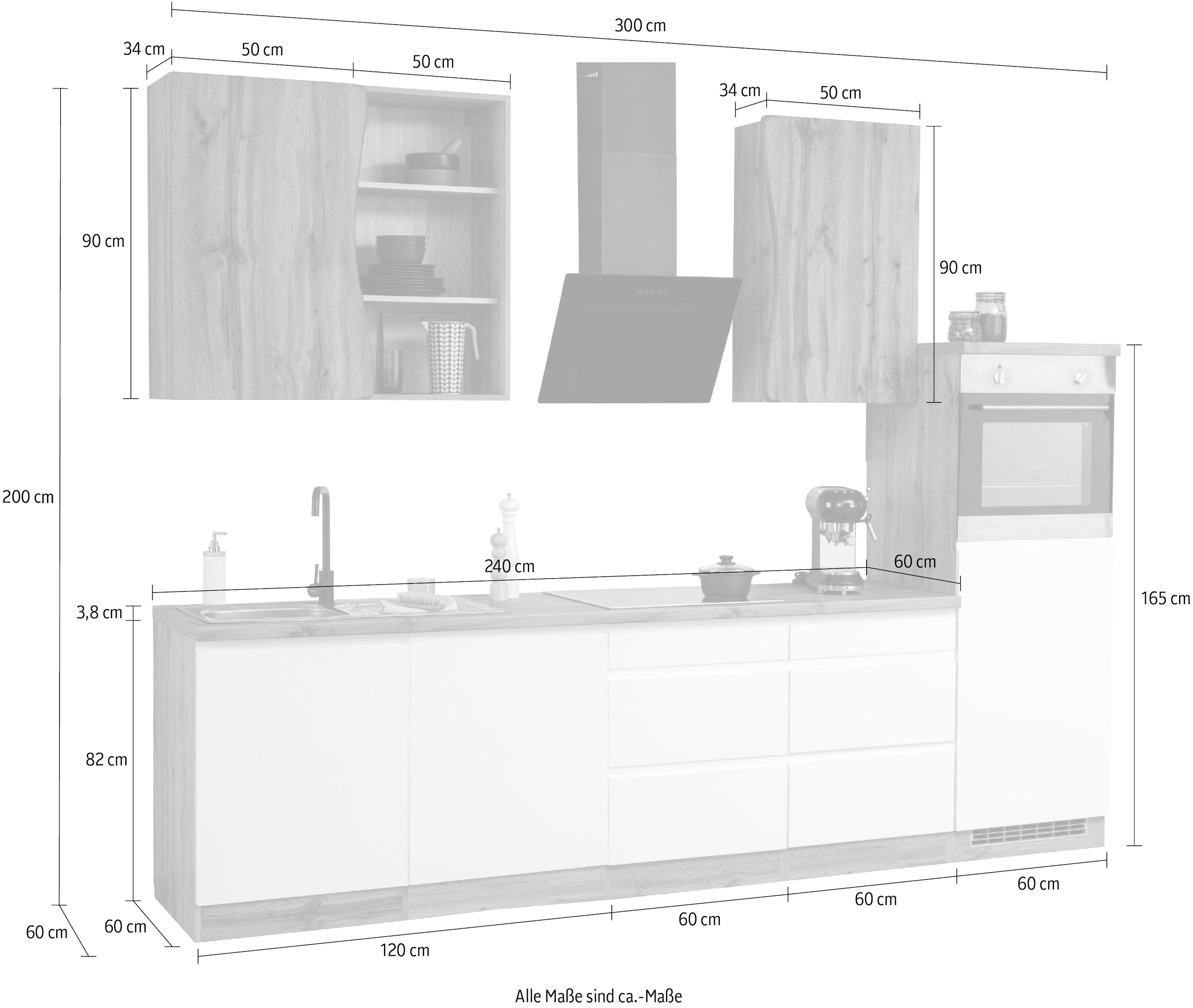 KOCHSTATION Küchenzeile »KS-Bruneck«, 300cm breit, ohne E-Geräte, hochwertige MDF-Fronten