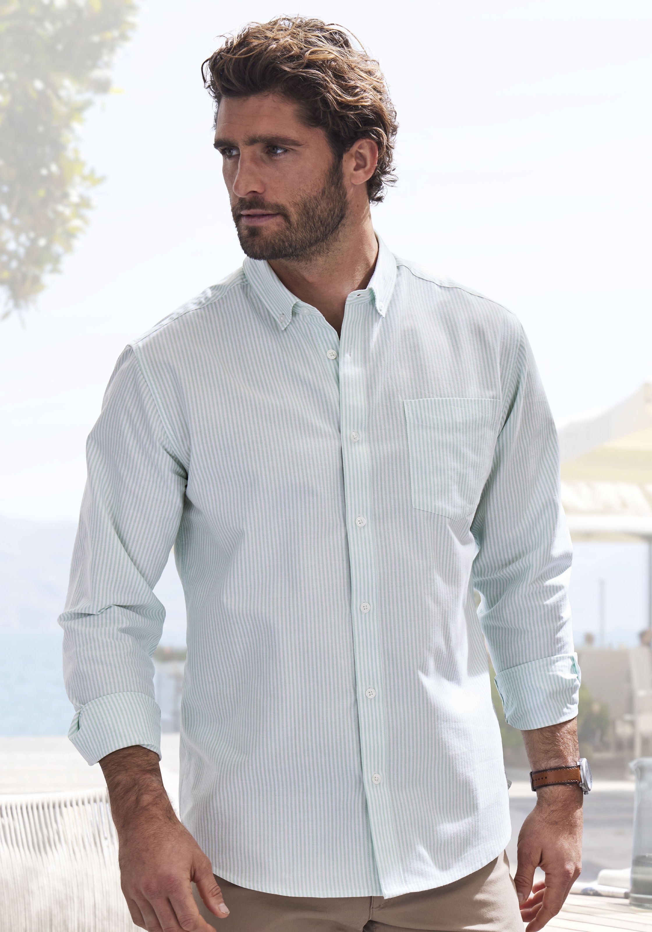 H.I.S Langarmhemd ", Streifenhemd langarm mit Button-down-Kragen" Oxfordhemd aus reiner Baumwolle, Regular-fit