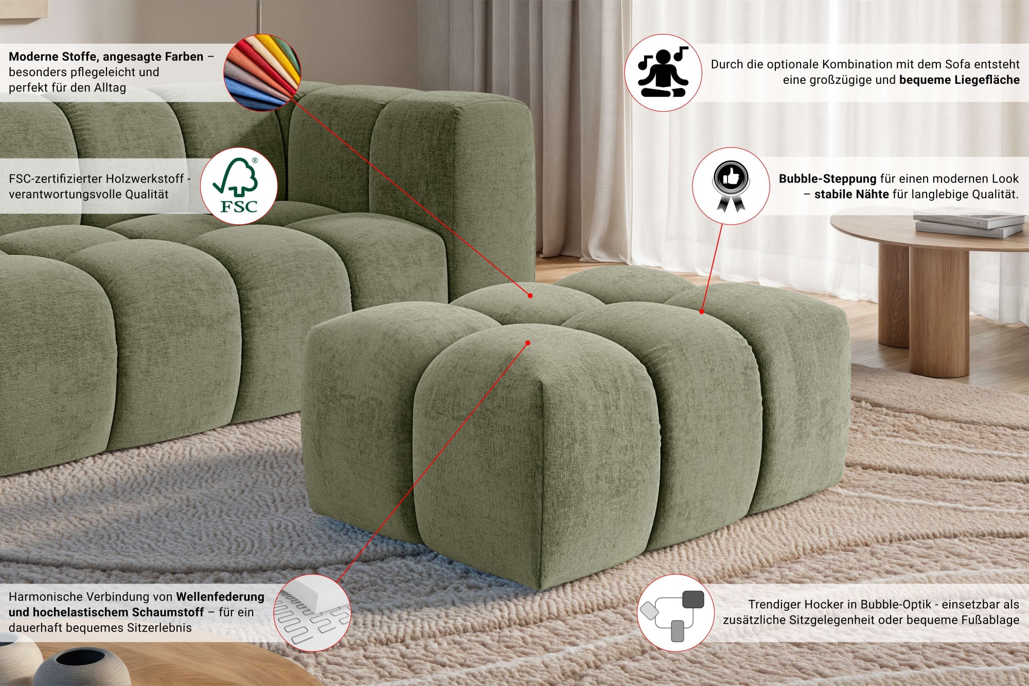 homsy by Ana Johnson Polsterhocker »BOUBELLE Sitzhocker mit Steppung, Bubble-Optik, Maße B/T/H: 97/67/42cm« erstklassige Verarbeitung, hoher Sitzkomfort und modernes Design