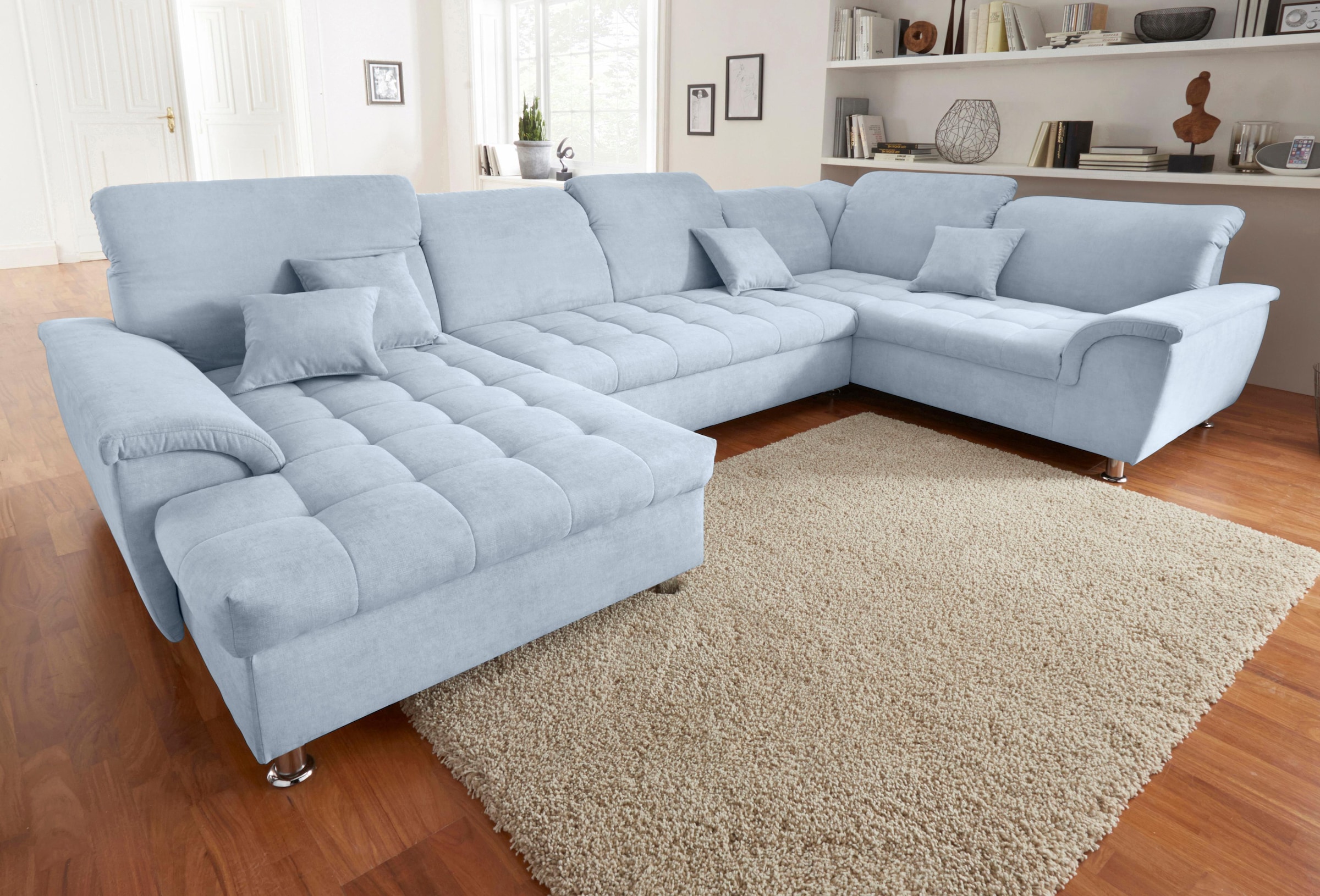 DOMO collection Wohnlandschaft »Franzi wahlweise mit Kopfteilverstellung Bettfunktion, Bettkasten«, U-Form, Recamiere links, pastelblau, B/T: 344/206 cm