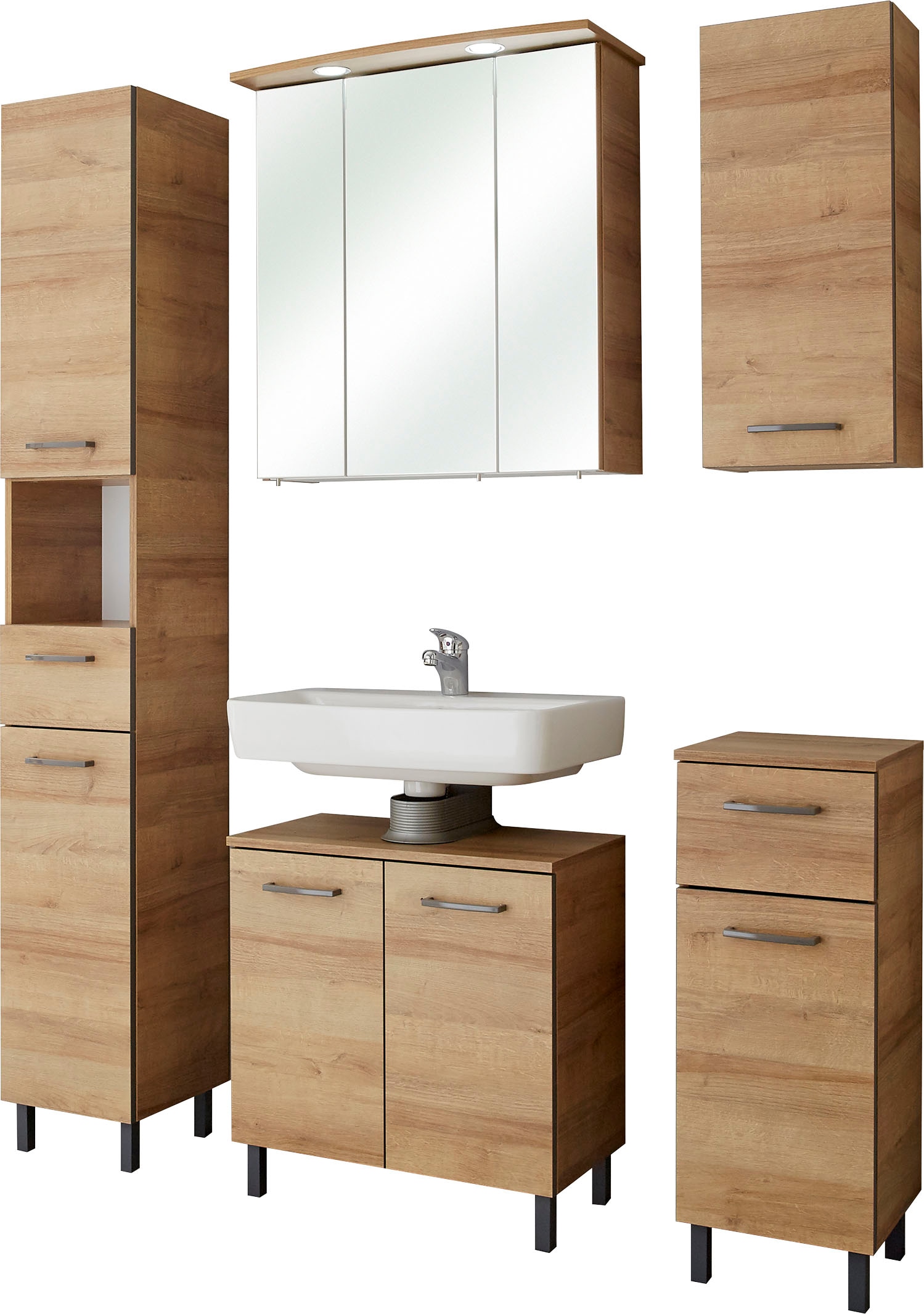 Saphir Unterschrank »Quickset 919 Badschrank mit 1 Tür, 1 Schublade, 30 cm breit«, Badezimmermöbel, Riviera Eiche quer Nachbildung, Griffe in Grau