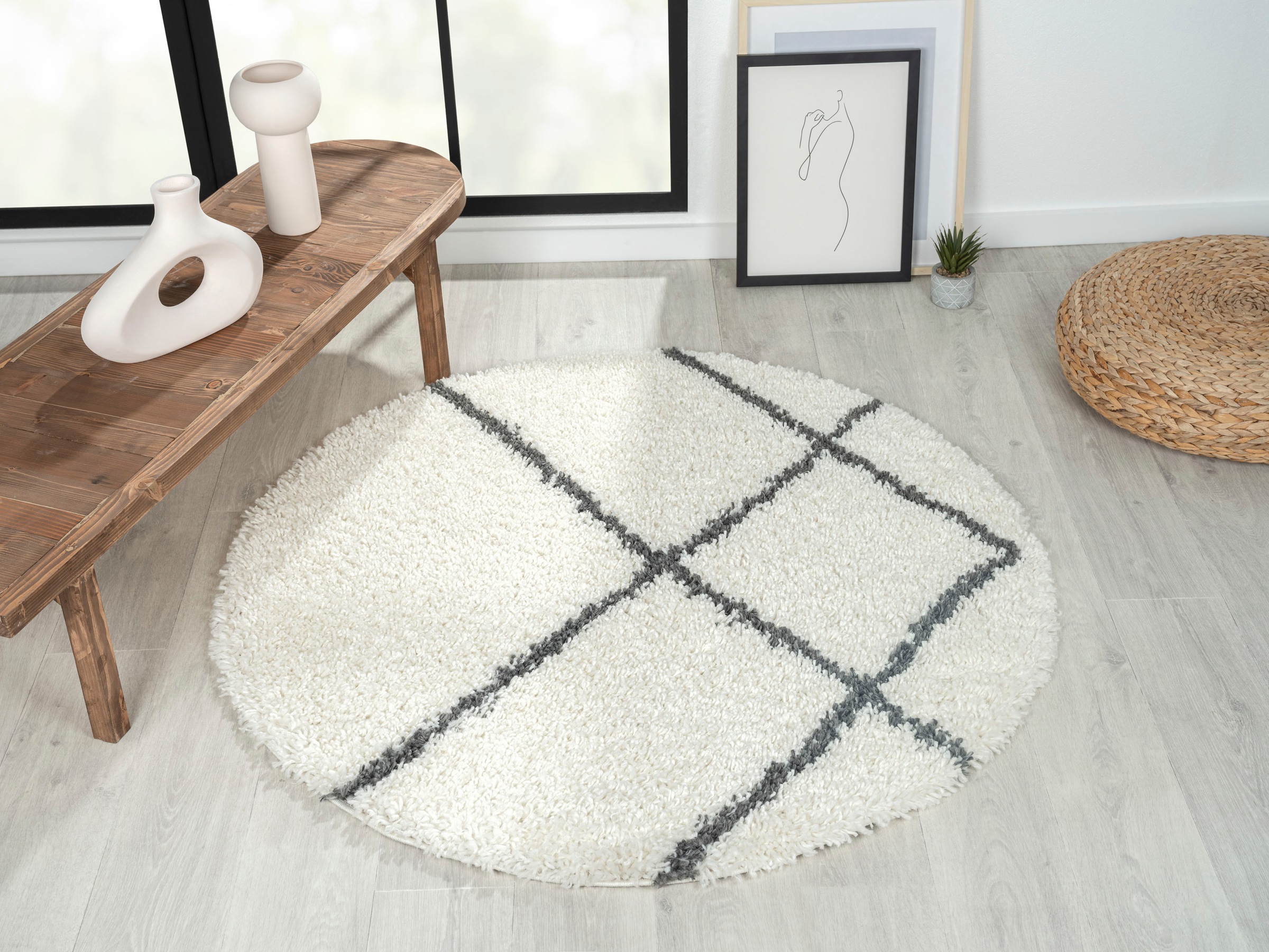 Myflair Möbel & Accessoires Hochflor-Teppich »My Shaggy Raute«, rund, 37 mm Höhe, Shaggy, Scandi Rauten Design, leicht glänzend, extra flauschig