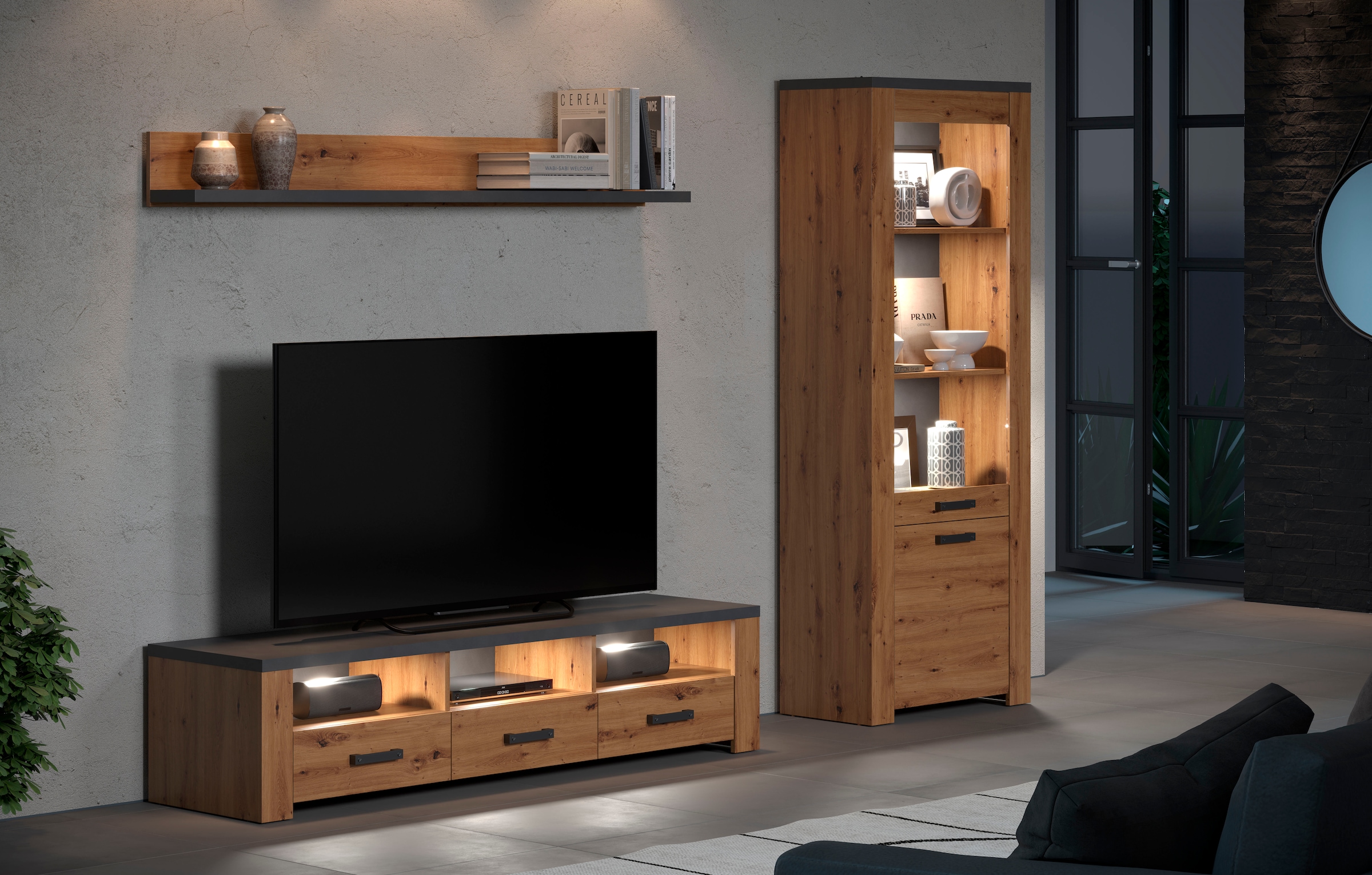 Home affaire TV-Wand »Ambres«, (3 St.), Kleines, modernes TV-SET, Echtholzoptik, Breite ca. 268 cm, matt