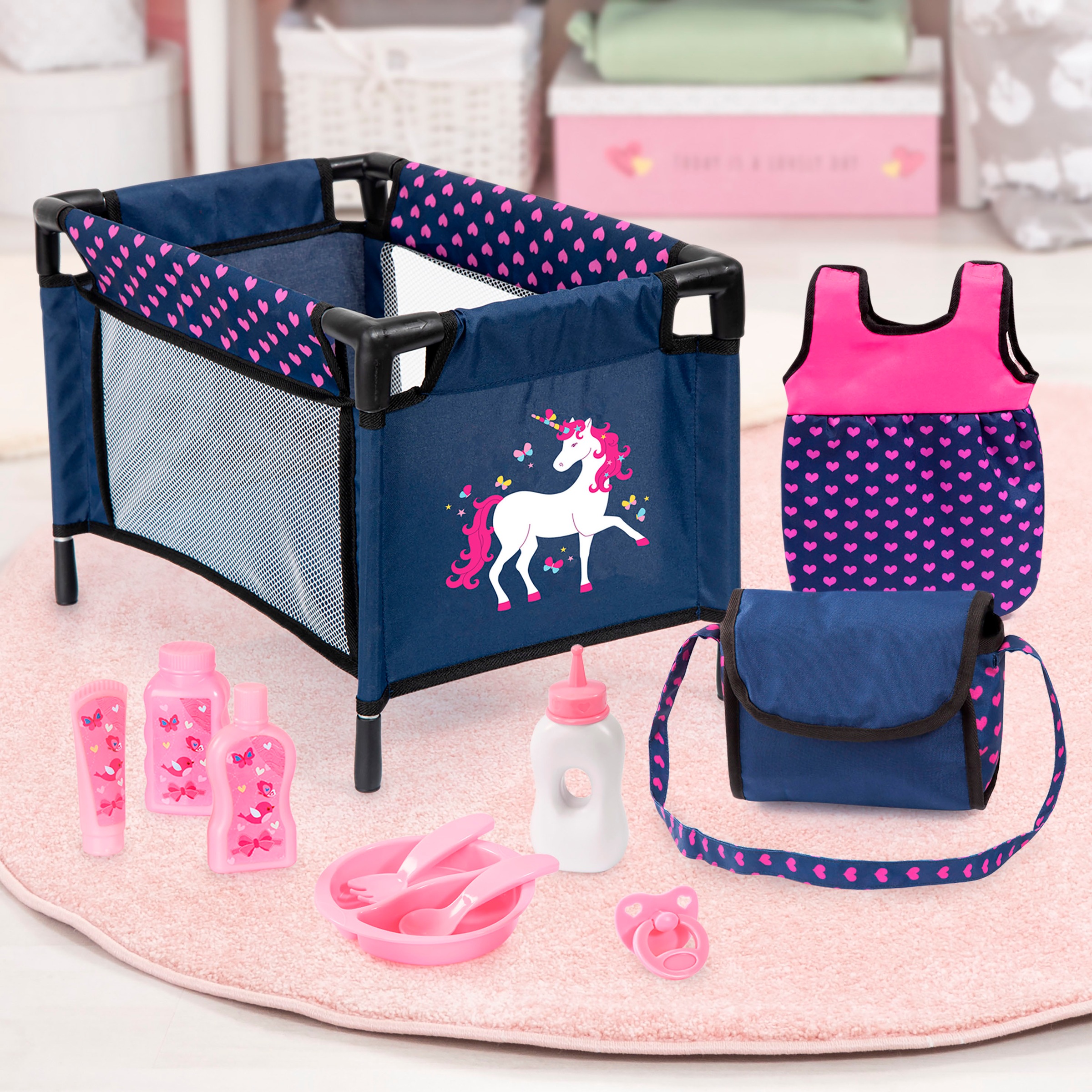 Bayer Puppenmöbel »Puppen-Reisebett und Schlafsack blau/pink«, (Set), mit Schlafsack, Wickeltasche und Zubehör für die Puppenpflege