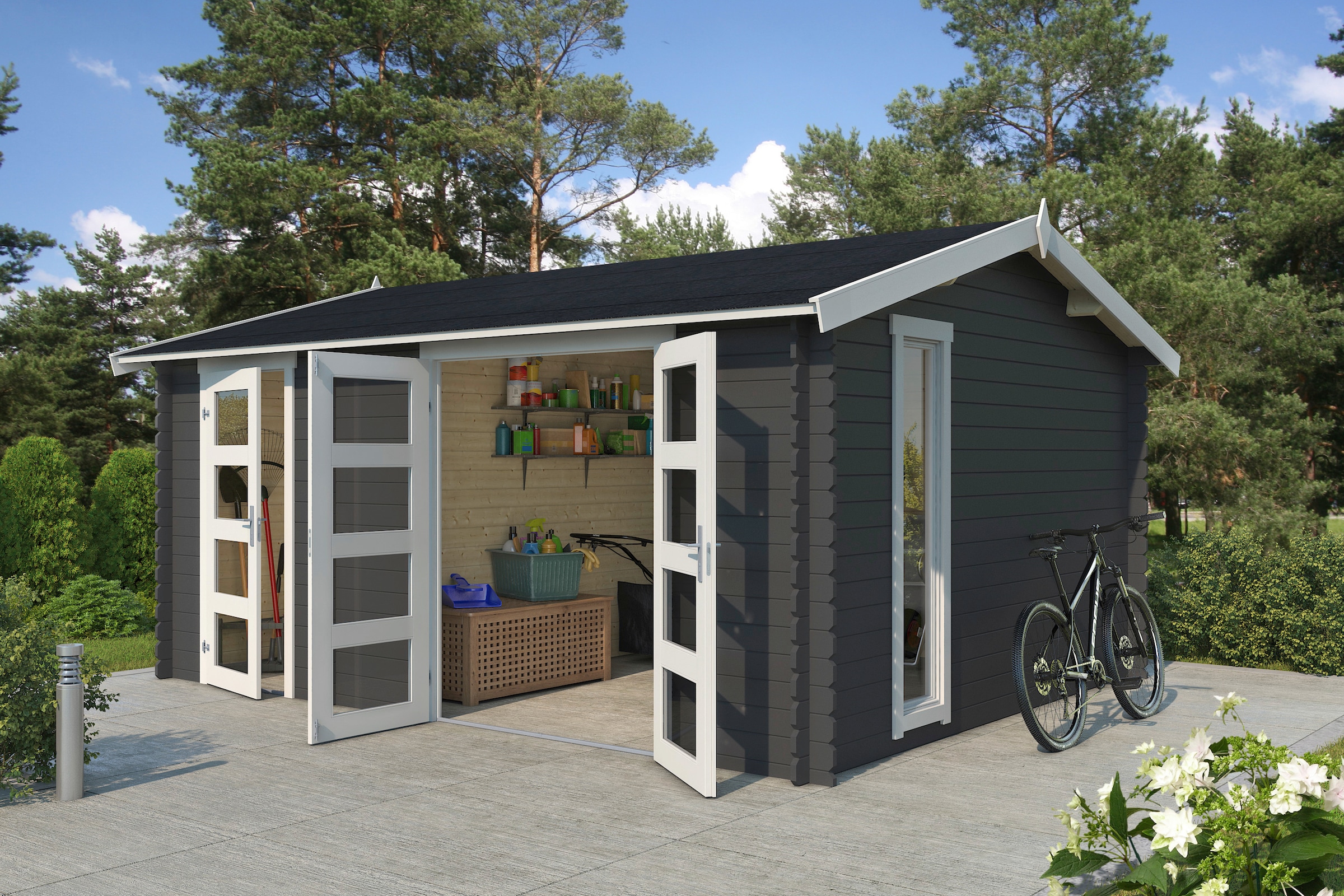 LASITA MAJA Gartenhaus »Carroz 2« Blockbohlenhaus 28mm 2-Raum, Fundamentmaß 4560x3600, Carbongrau