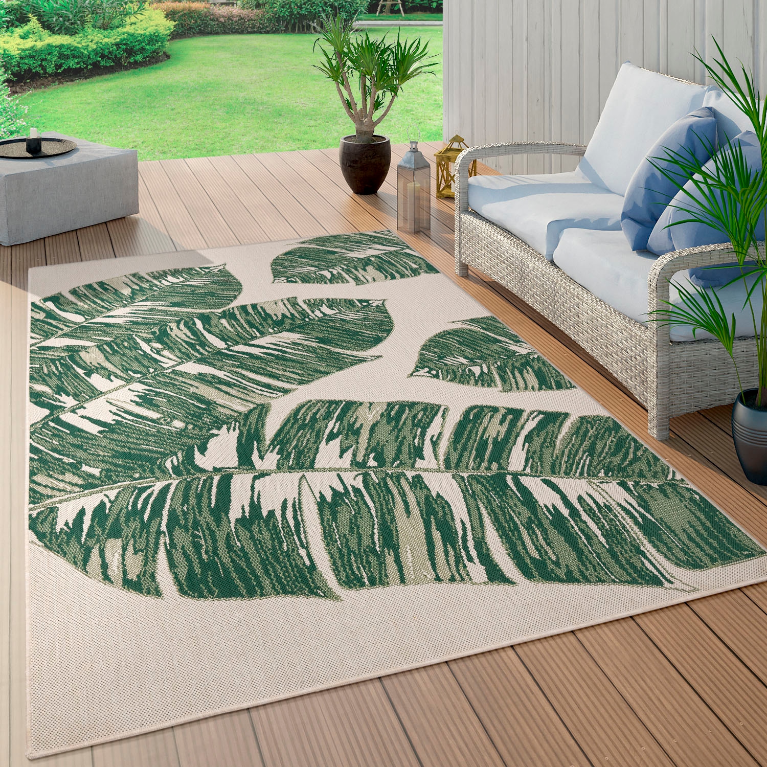 Paco Home Teppich »Ostende 553«, rechteckig, In- und Wohnzimmer Outdoor geeignet, Flachgewebe, Palmenblätter, kaufen Motiv online