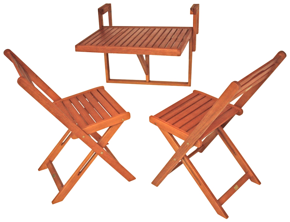 Garden Pleasure Balkonhängetisch »BERKELEY«, (Set, 3 St.), Eukalyptus, klappbar, 60x40cm, 2 Stühle, braun