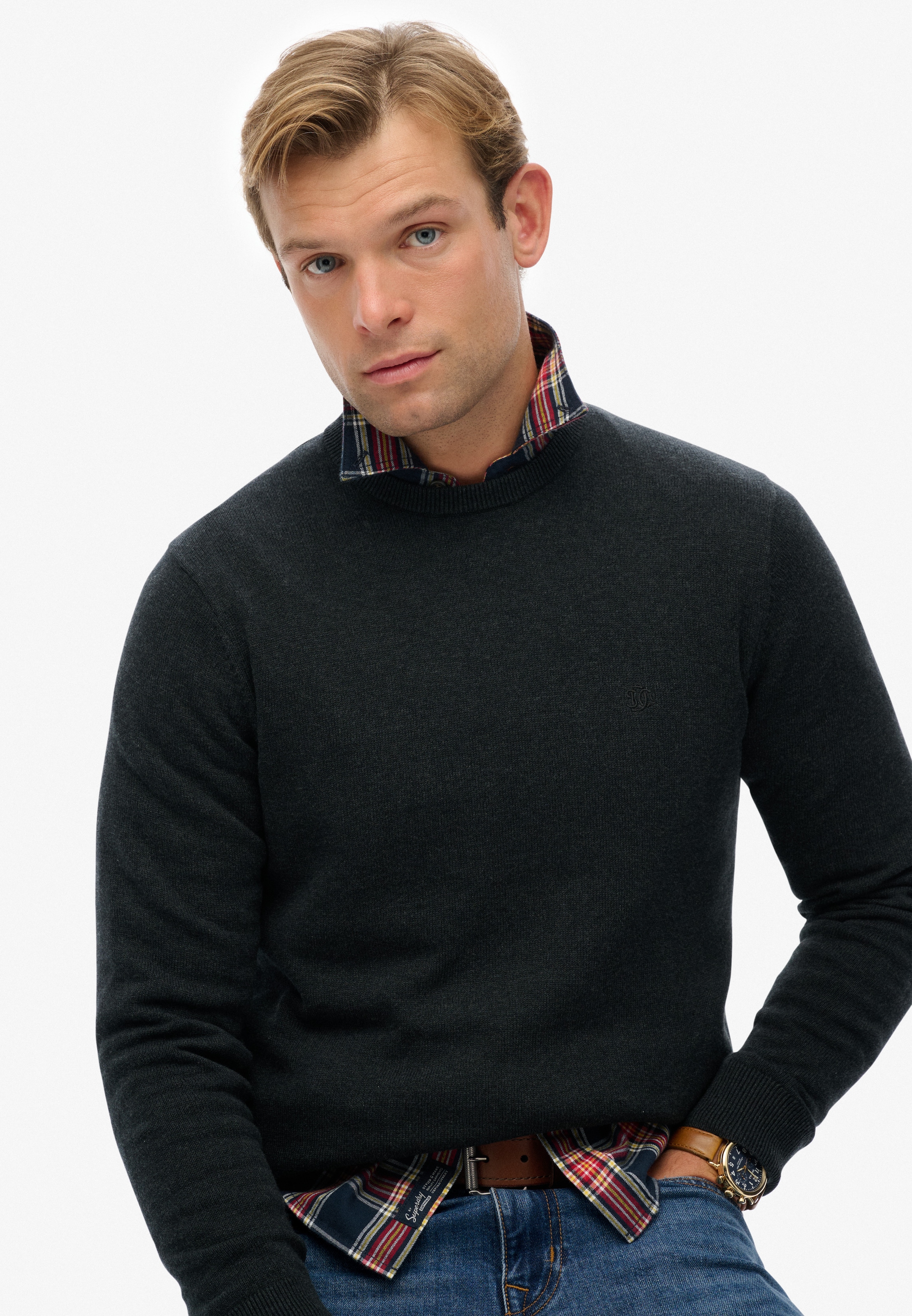 Superdry Strickpullover »ESSENTIALS COTTON JUMPER« aus Baumwolle, Relaxed Fit, mit Rundhalsausschnitt, melierte Optik