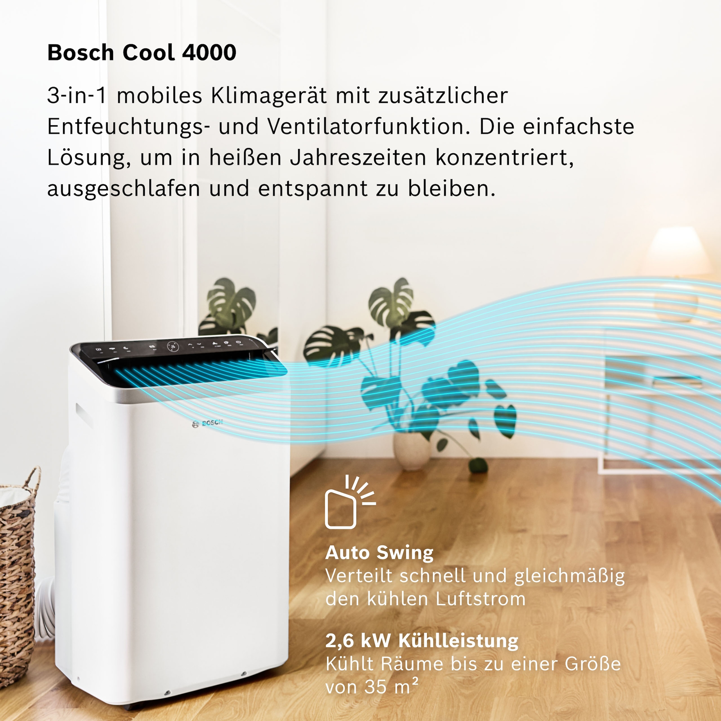 BOSCH 3-in-1-Klimagerät »Cool 4000 - Klimaanlage mit Luftentfeuchter und Ventilator« Entfeuchtung bis zu 50 l/Tag, für Räume bis zu 35m²