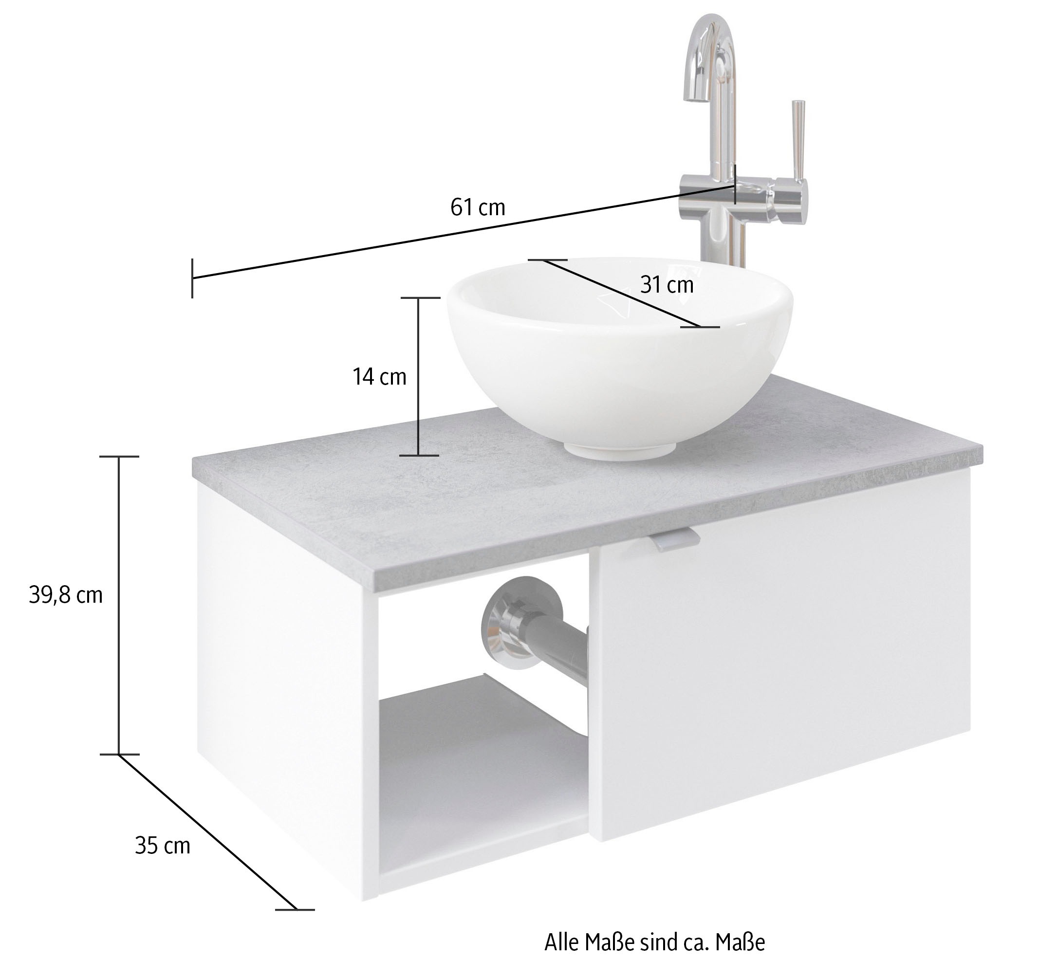 Saphir Waschtisch »Serie 6915 Waschschale mit Unterschrank für Gästebad, Gäste WC«, 61 cm breit, 1 Tür, offenes Fach, kleine Bäder, ohne Armatur