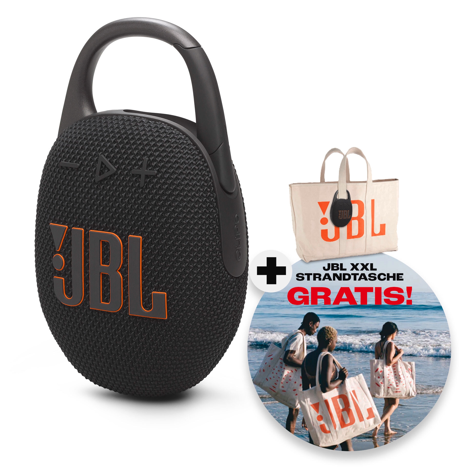 JBL Portable-Lautsprecher »Clip 5 (+ Gratis dazu: XXL-Strandtasche)«, ultra-kompakt, wasser- und staubgeschützt (IP67), 7 Watt RMS