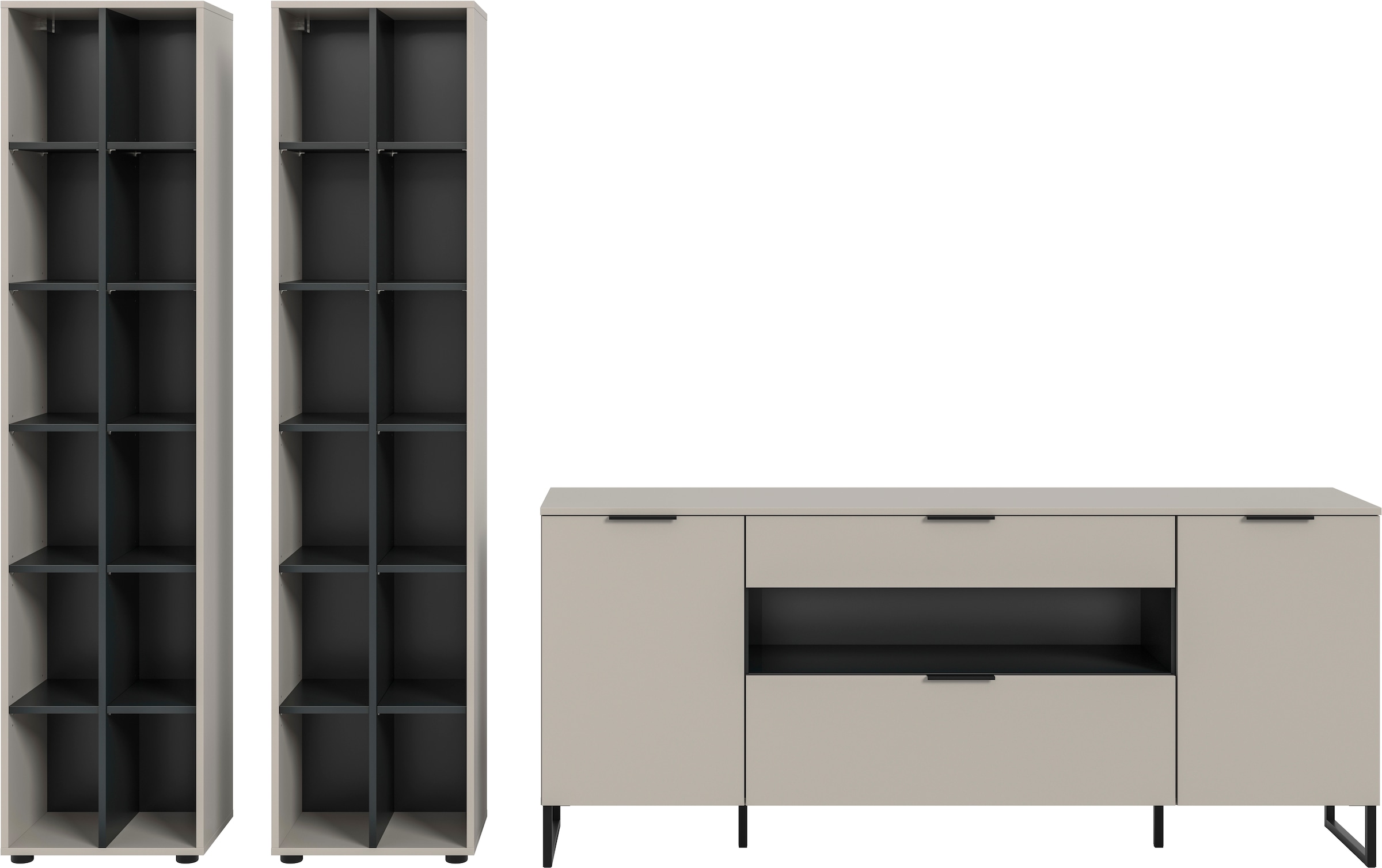 Home affaire Wohnwand »ADIO, Breite 305 cm, 3-teiliges Set, mit Metall-Kufenfüße« Set, bestehend aus: 2x Standregal und Sideboard, 3 Stk. tlg.