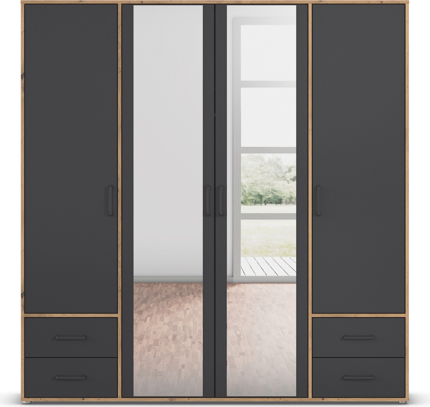 rauch Drehtürenschrank »Kleiderschrank Schrank Garderobe Wäscheschrank VOYAGER«, (in 3 verschiedenen Ausstattungen BASIC/CLASSIC/PREMIUM), mit modernen Griffen in Graumetallic, inkl. Schubkästen und Spiegel