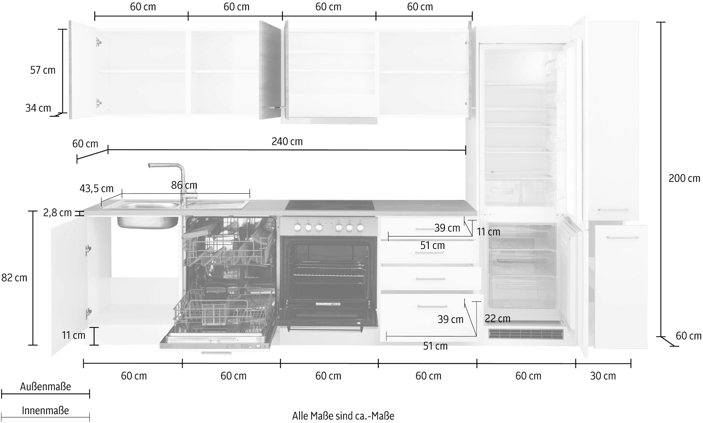 KOCHSTATION Küchenzeile »KS-Visby«, mit E-Geräte, 330 cm, inkl. Kühl/Gefrierkombination und Geschirrspüler